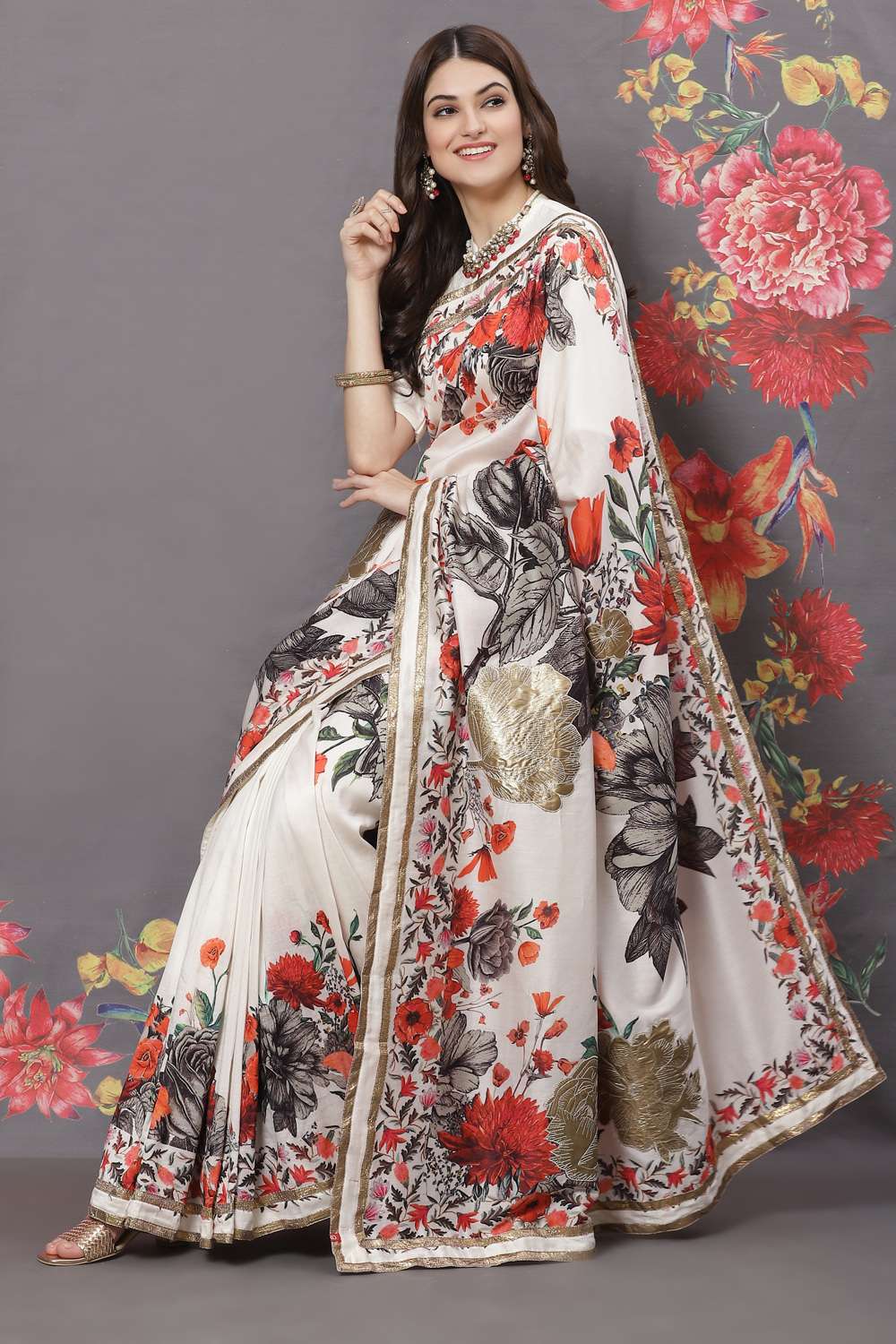 Buy Rohit Bal Off White Cotton Silk Printed Saree Saree Blouse