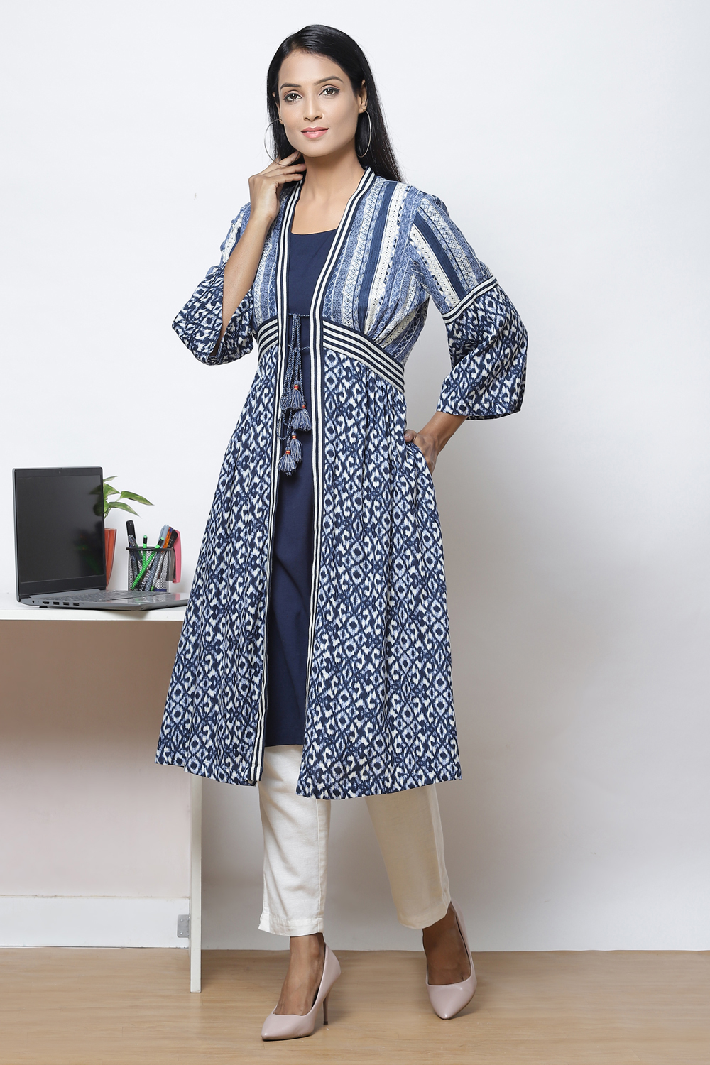 Indigo LIVA Printed Kurta with Jacket image number 0