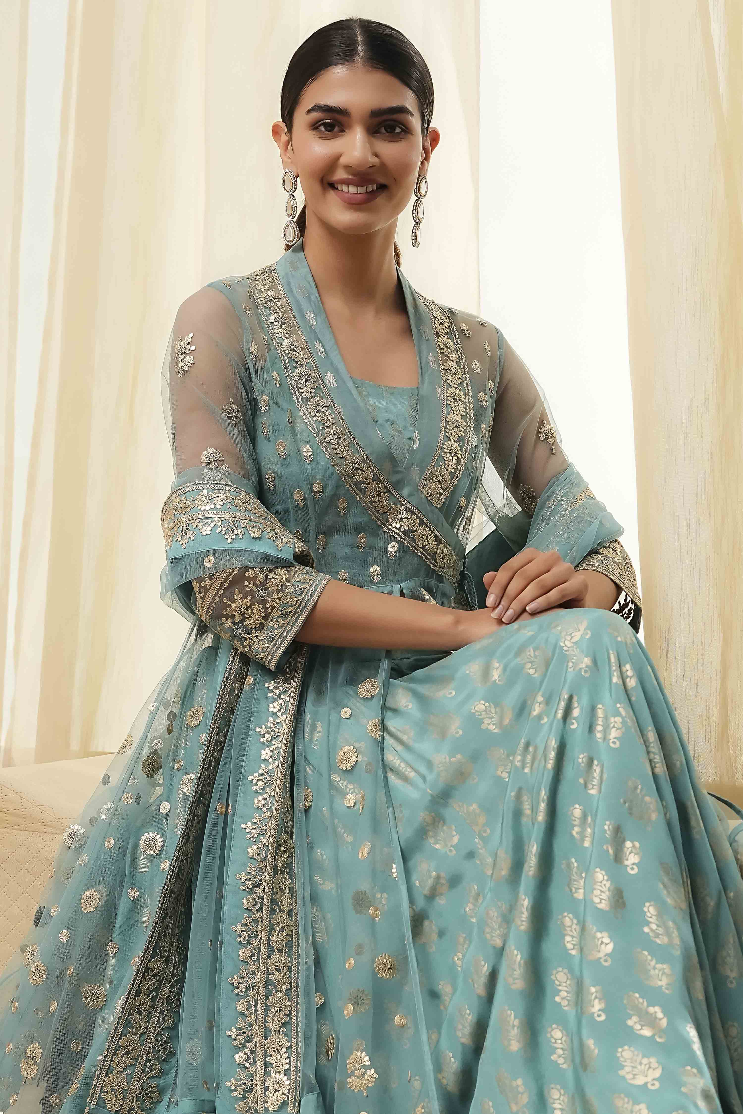 Coral-Pink Polyester Blend Anarkali Lehenga Set image number 7