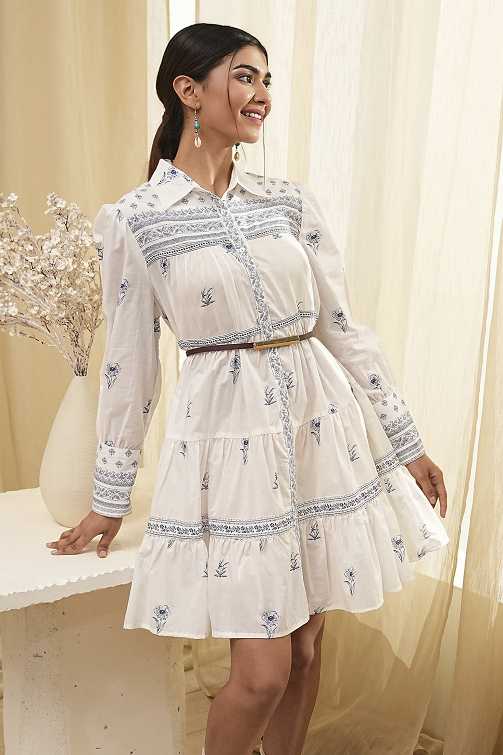 Off-White and Blue Cotton Floral Tiered Dress image number 5