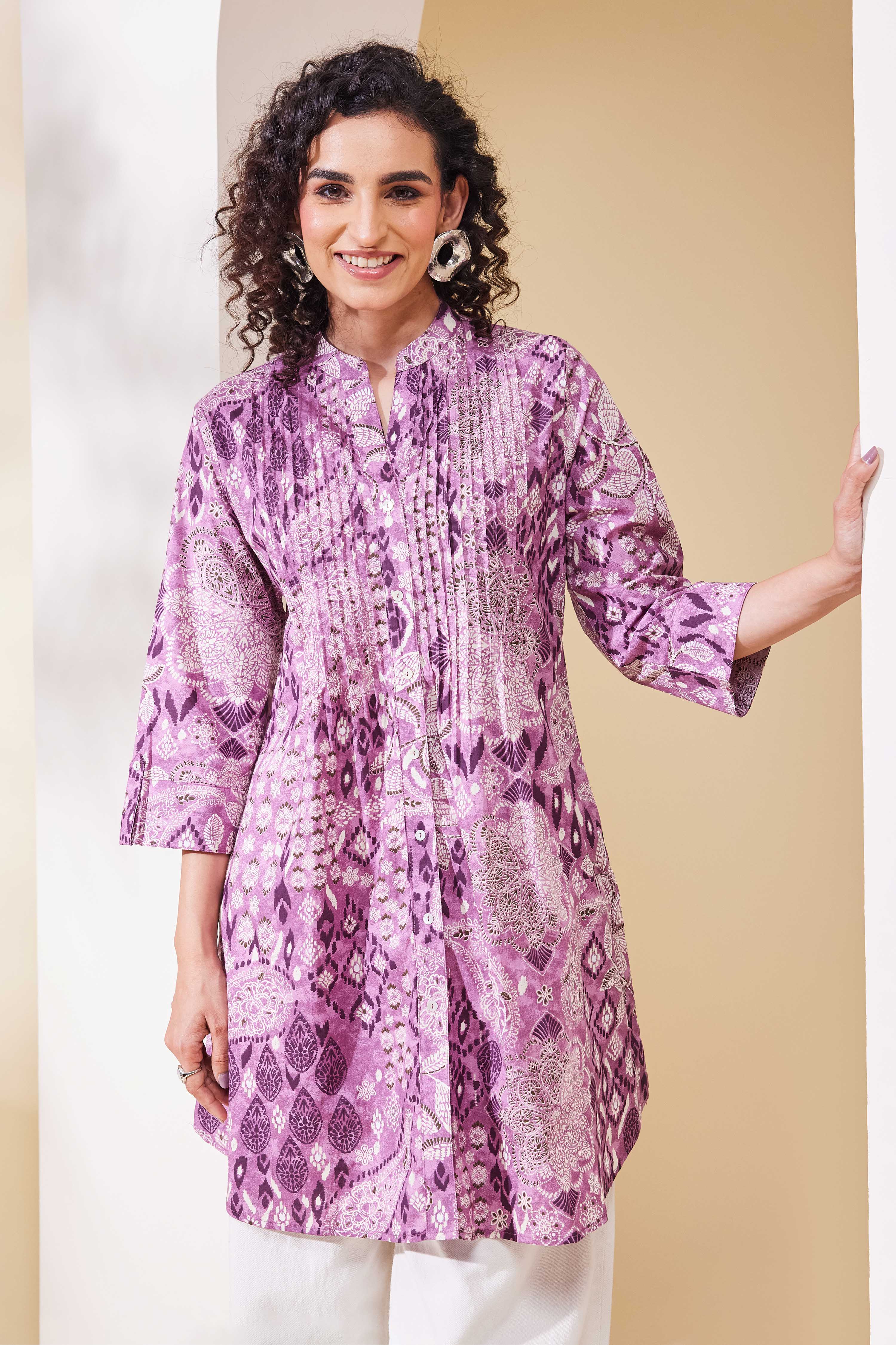 Purple Cotton Printed A-Line Kurta image number 6