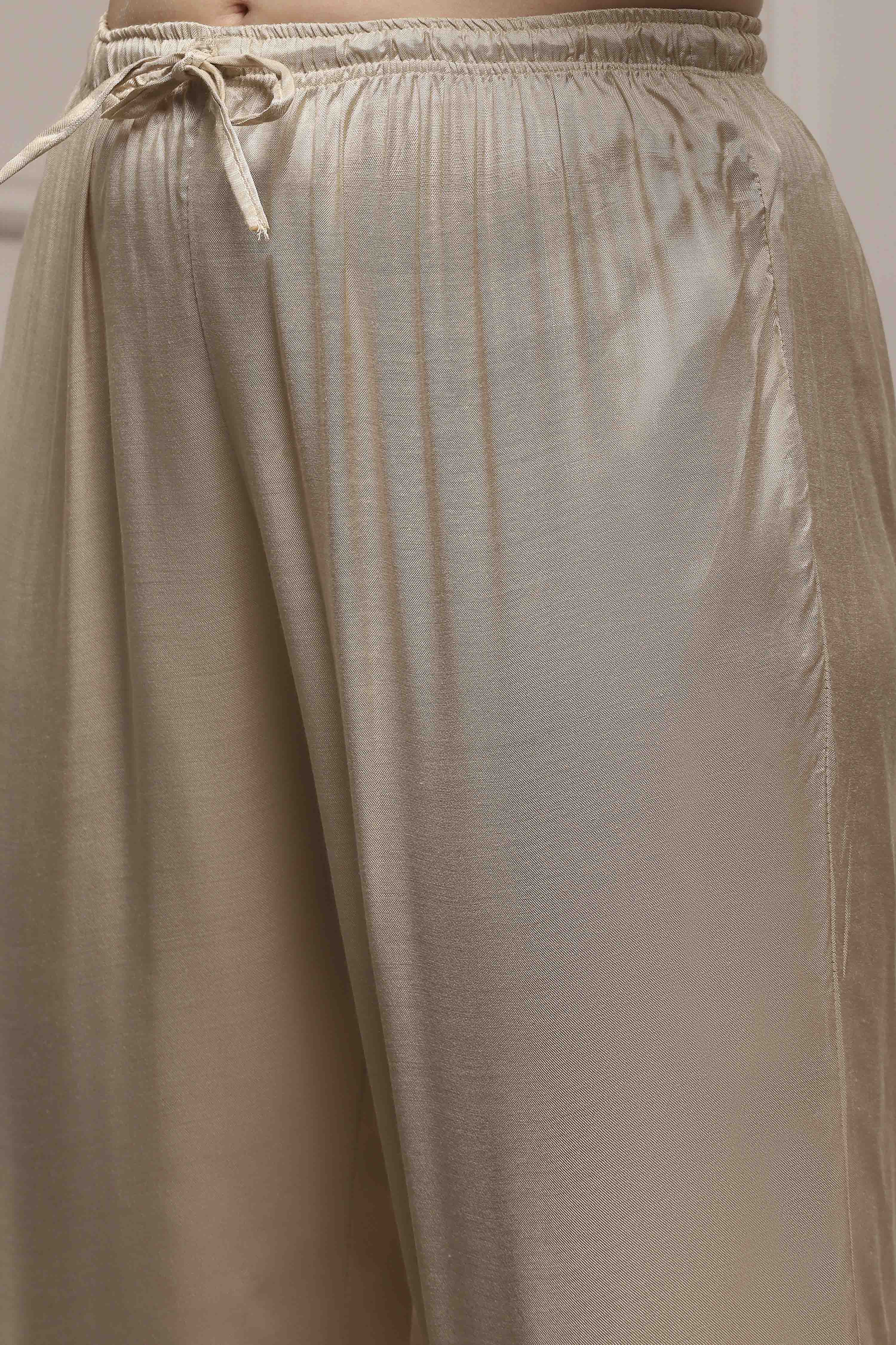 Beige Chanderi Blend Hand Embroidered Unstitched Suit Set image number 3