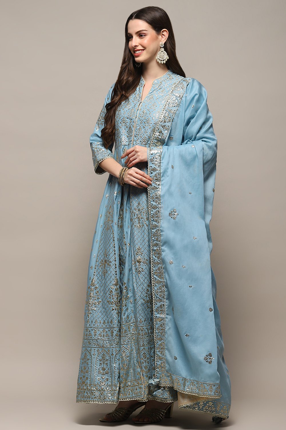 Pastel Blue Cotton Anarkali Kurta Sharara Suit Set image number 4