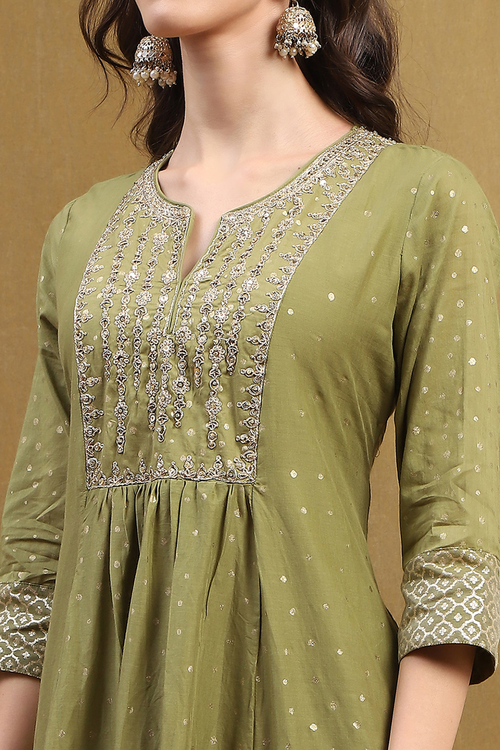 Green Cotton Printed Festive Gathered Suit Set image number 1