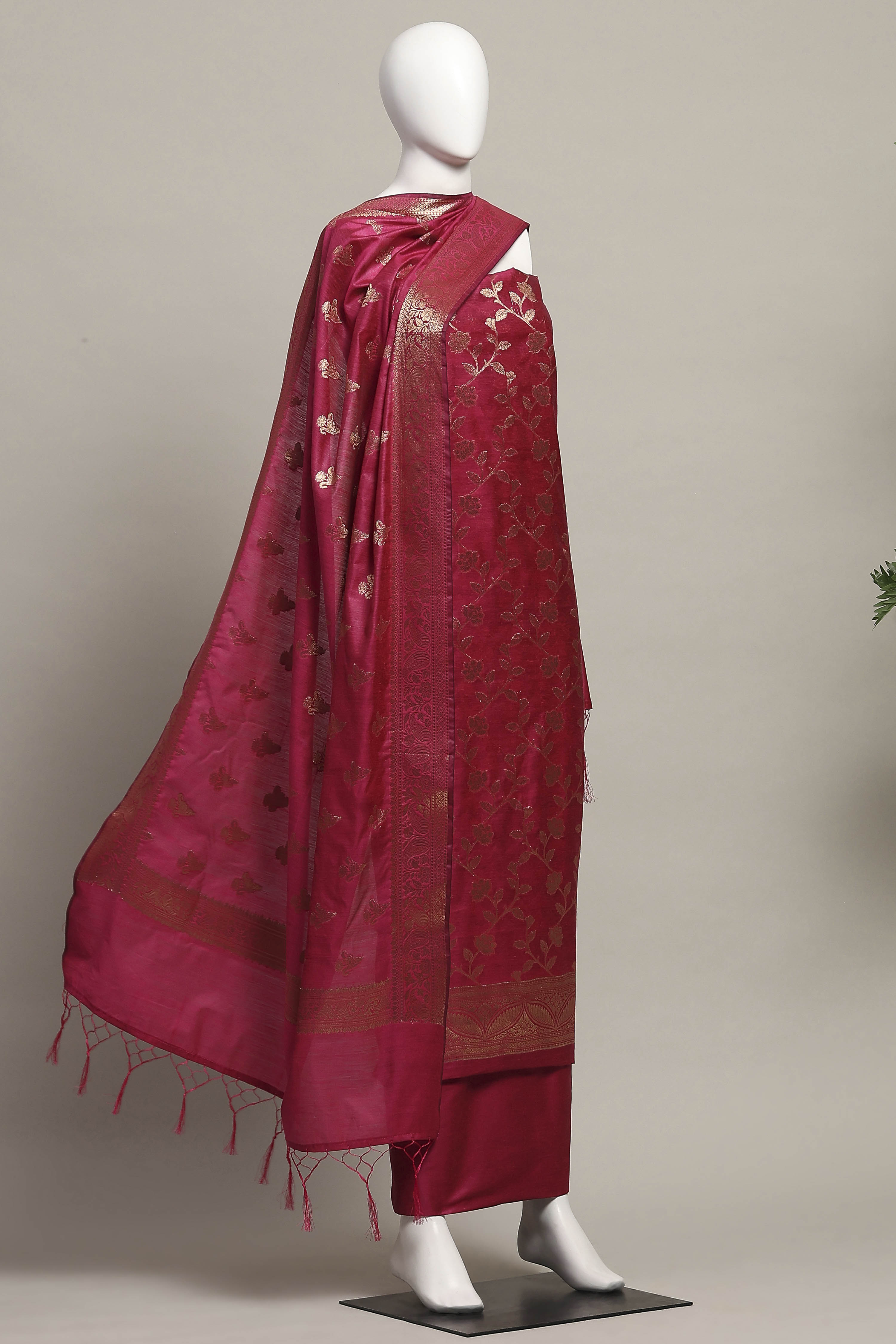 Maroon Cotton Printed Embroidered Unstitched Suit Set image number 4