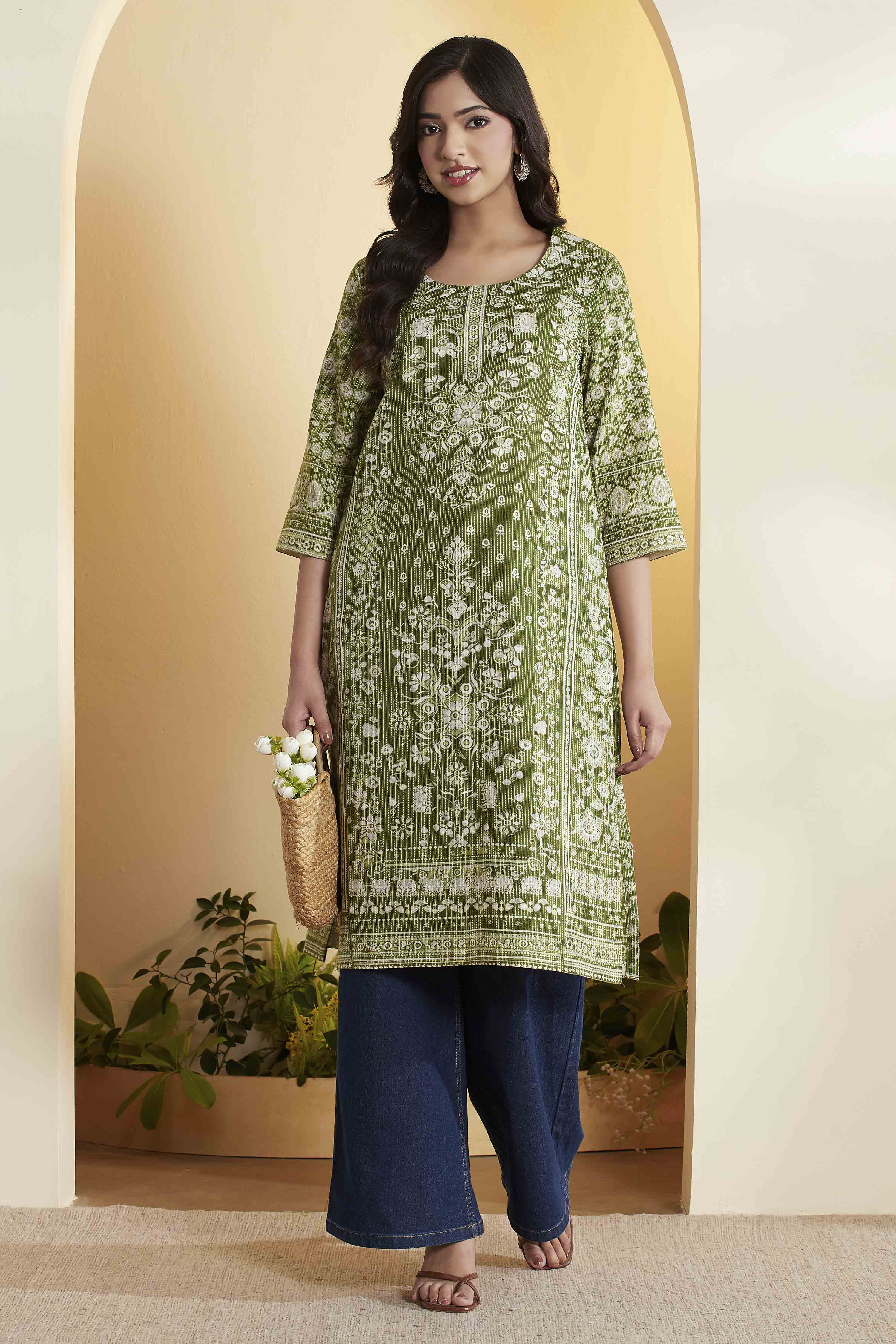 Green Cotton Straight Kurta image number 0