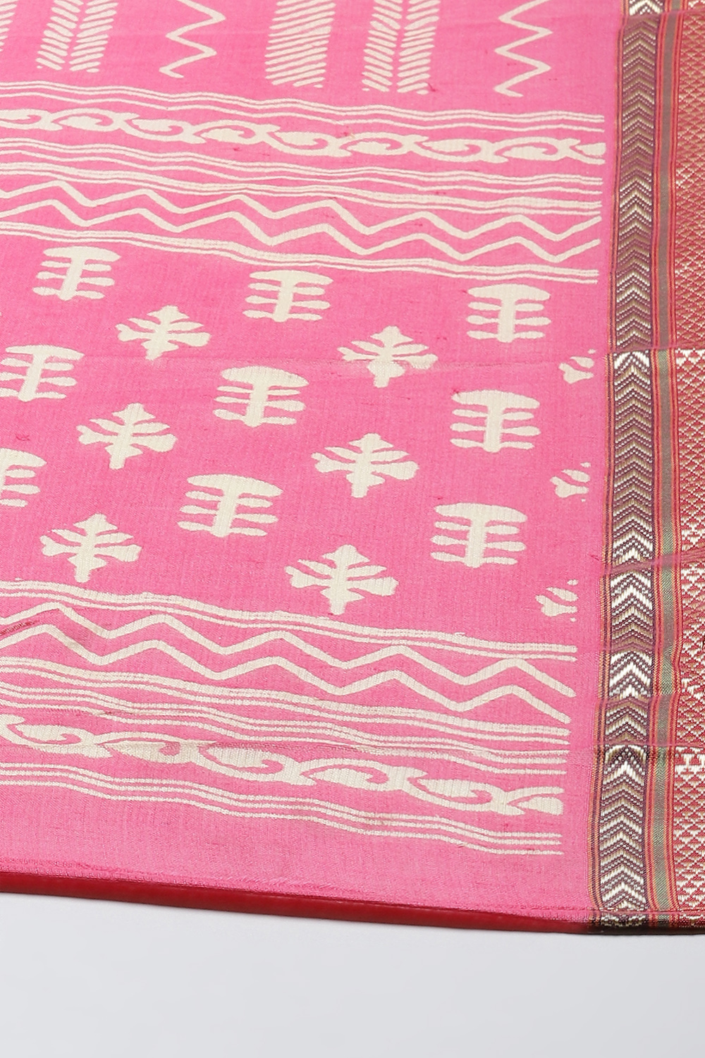 Pink Cotton Screen Print Unstitched Suit Set image number 3