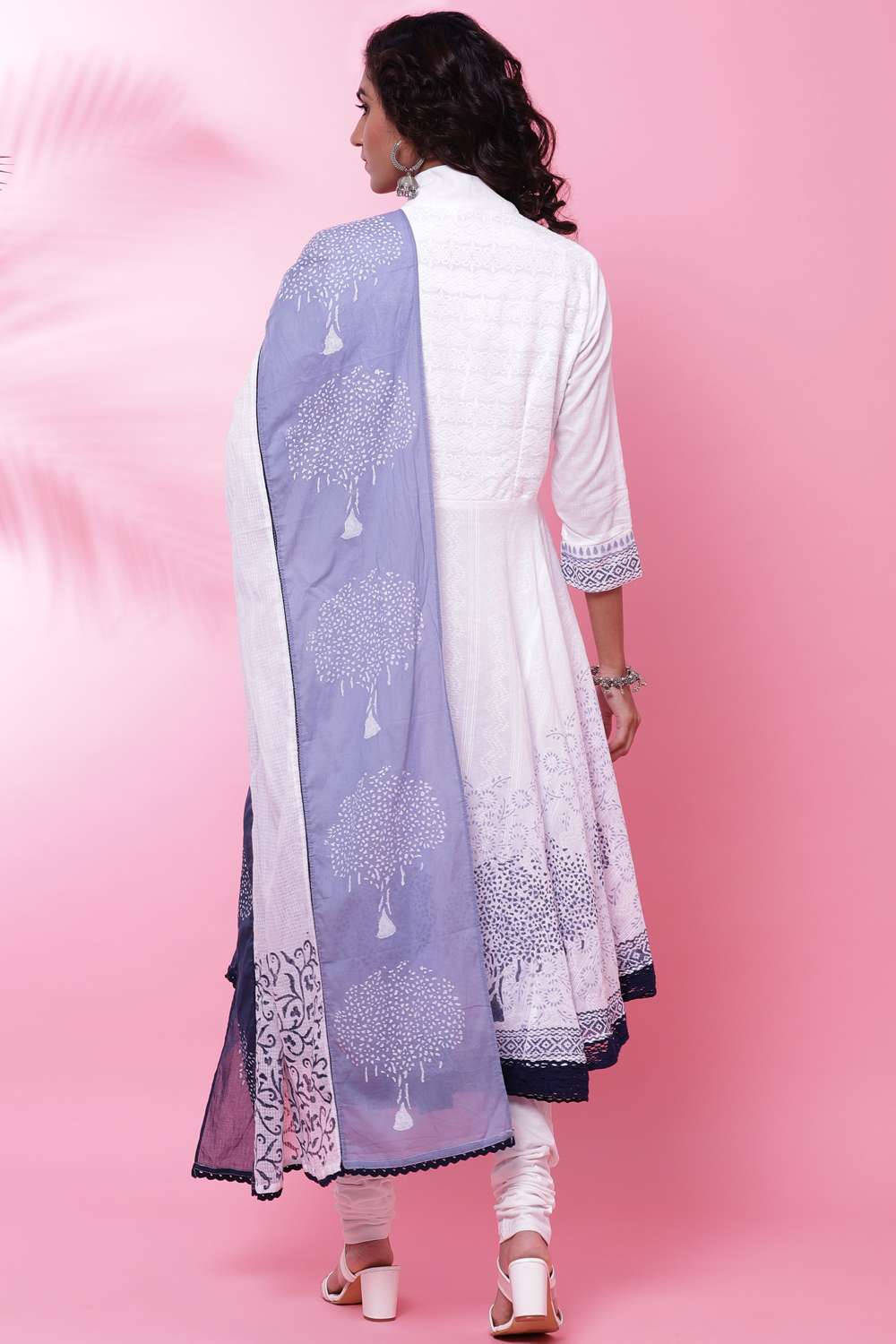 White Blue Cotton Anarkali Kurta Churidar Suit Set