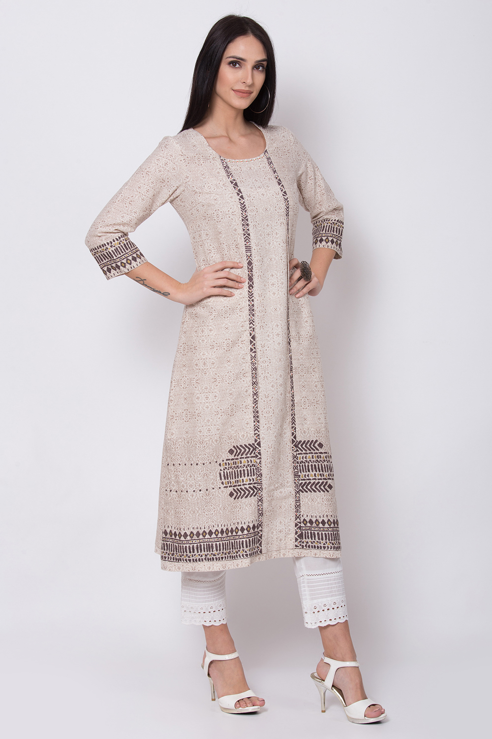 Sand Brown Cotton Flax A-Line Printed Kurta image number 3