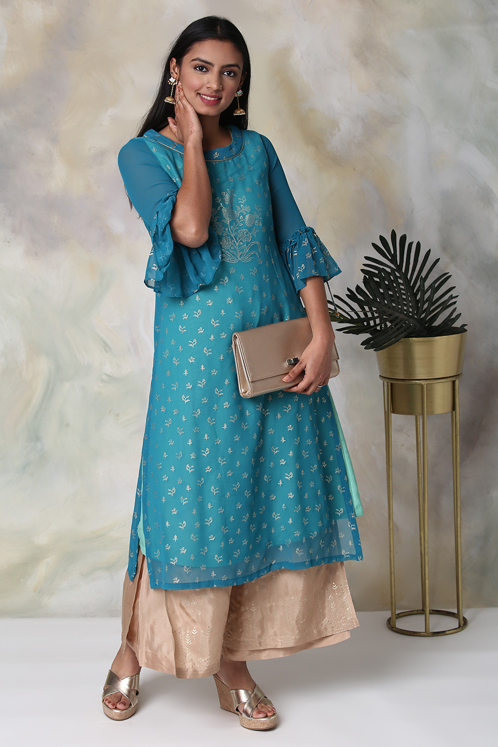 Turquoise Art Silk Straight Printed Kurta image number 4