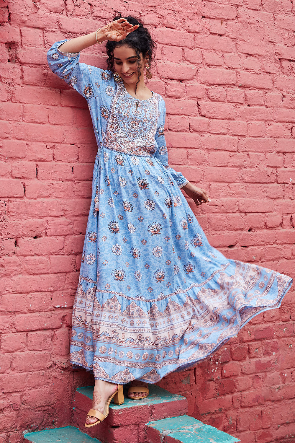 Sky Blue Viscose Tiered Dress image number 0