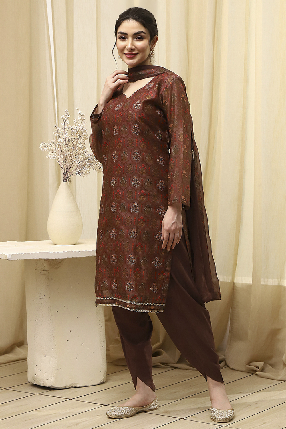 Brown Cotton Printed Embroidered Unstitched Suit Set image number 4