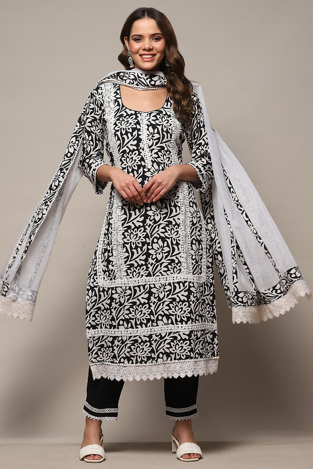 White Black Rayon Unstitched Suit Set image number 1