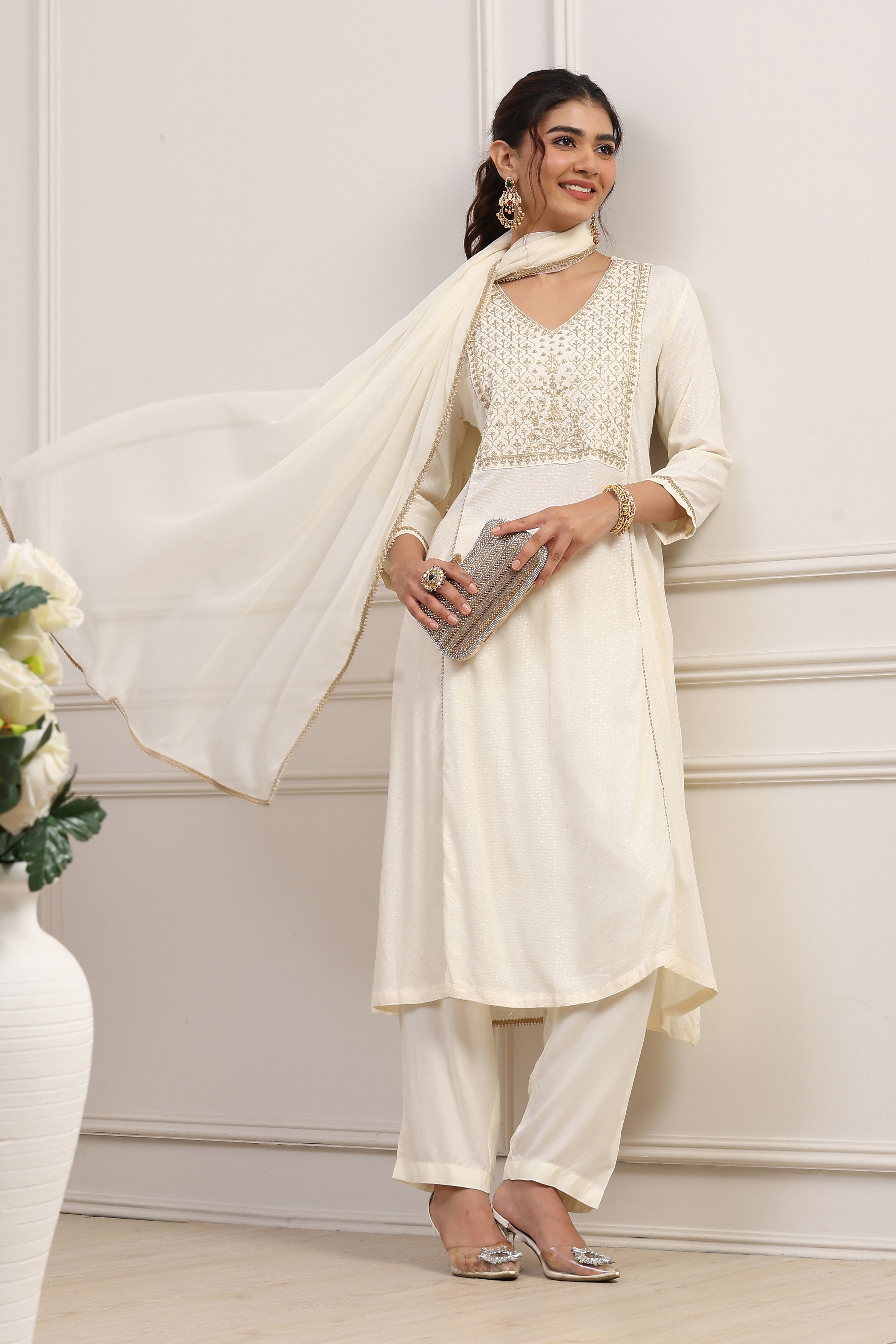 White Viscose Rayon Yoke Design Kalidar Kurta Set image number 0