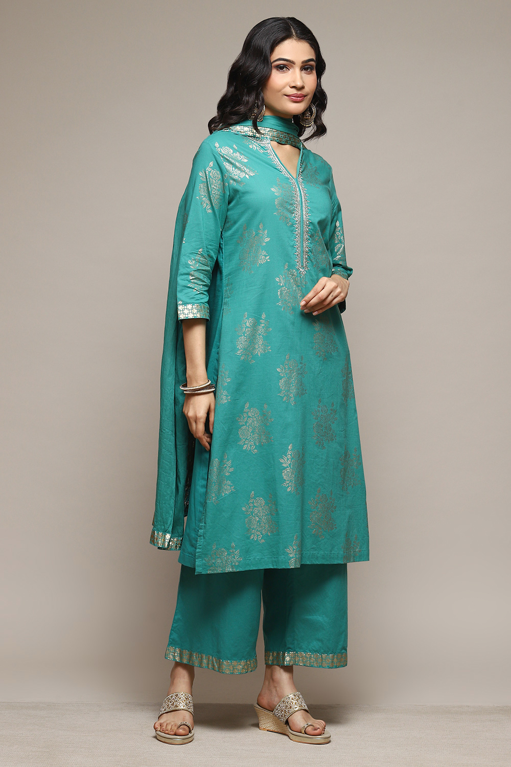 Light Blue Cotton Straight Kurta Palazzo Suit Set image number 6