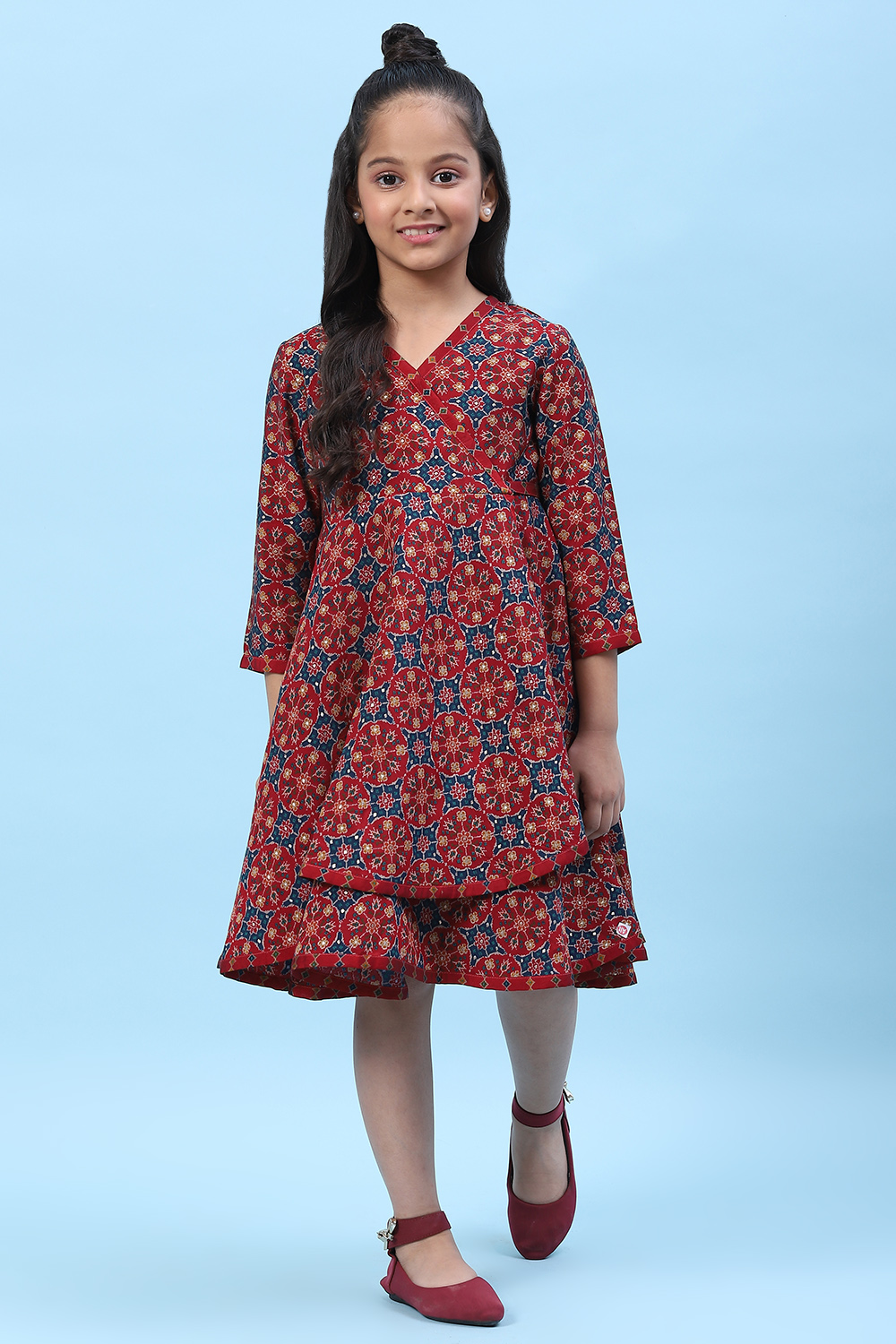 Maroon Silk Asymmetric Printed Dress image number 4