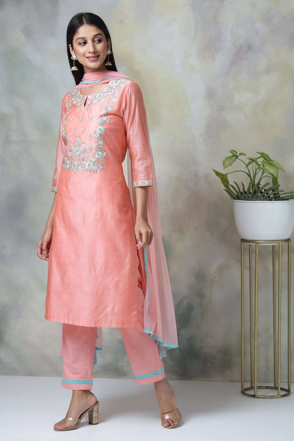 Peach Art Silk A-Line Kurta Regular Pant Suit Set image number 5