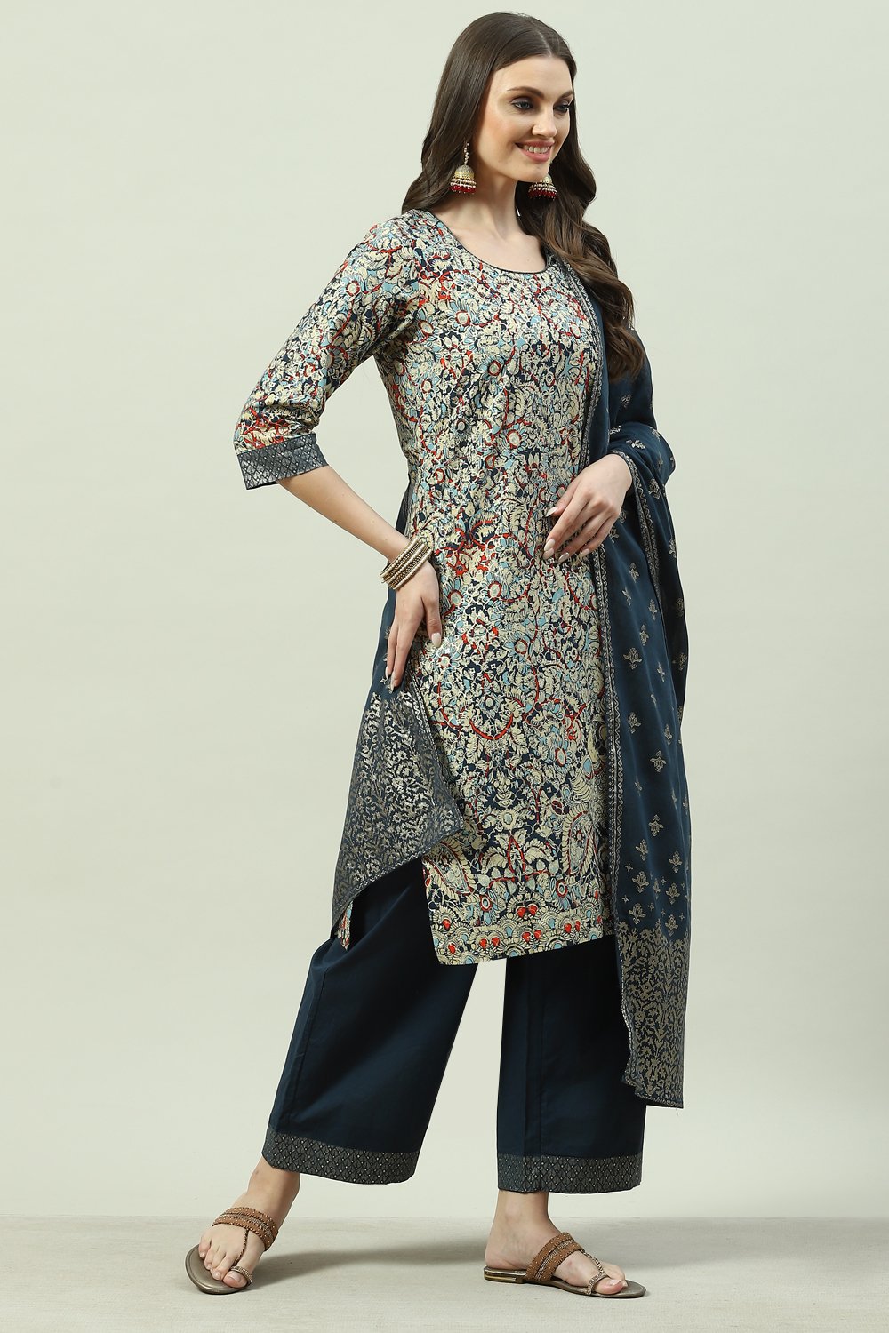 Indigo Cotton Straight Kurta Palazzo Suit Set image number 3