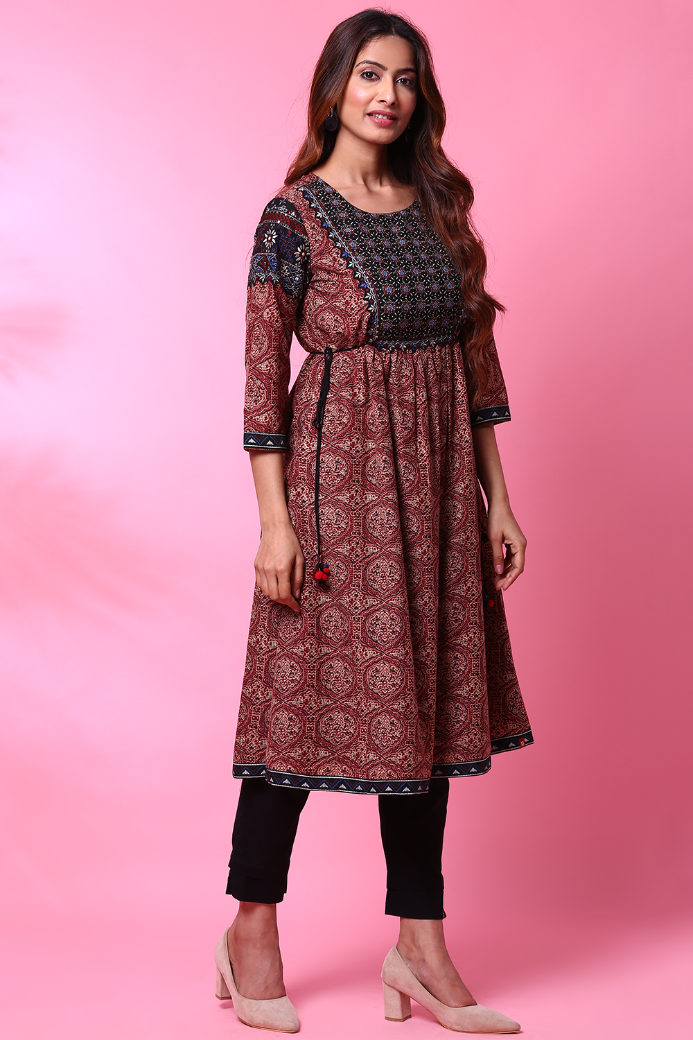 Rust Art Silk A-Line Printed Kurta image number 2