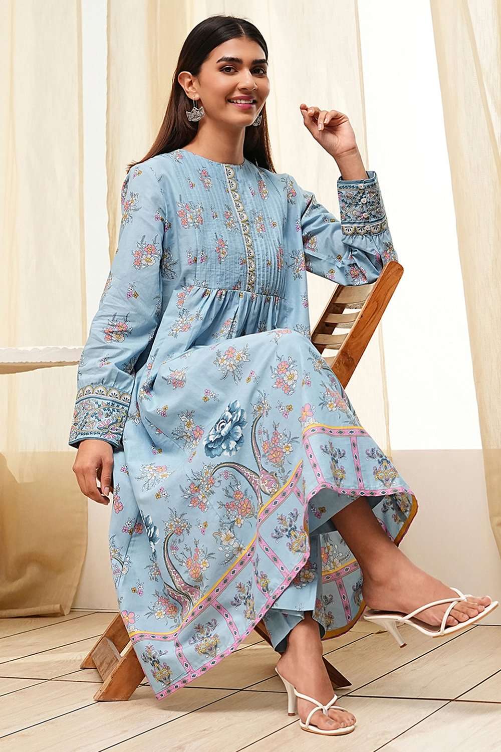 Dull Blue Cotton Flared Printed Kurta Set image number 0