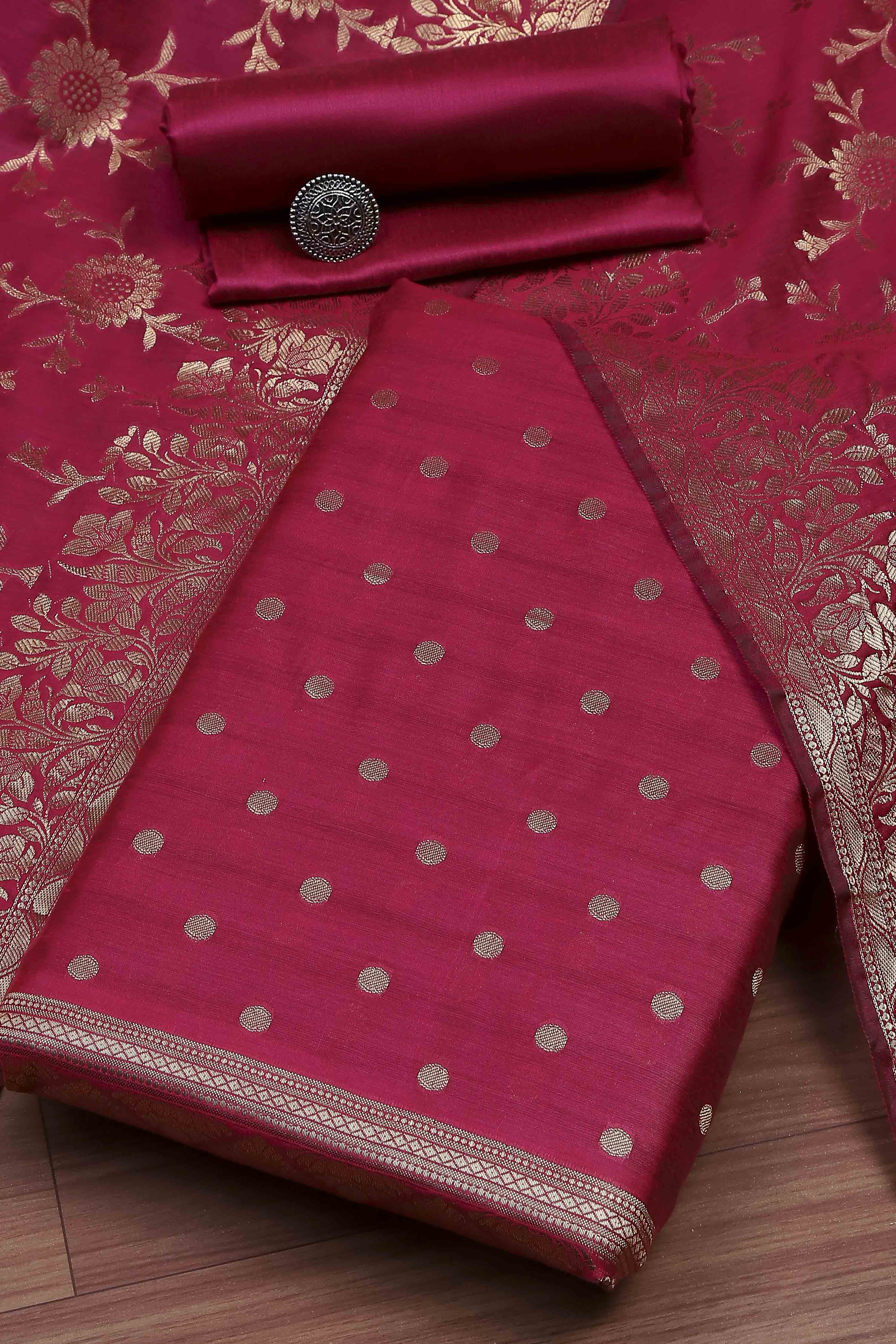 Red Banarasi Chanderi Banarasi Print Unstitched Suit Set image number 0