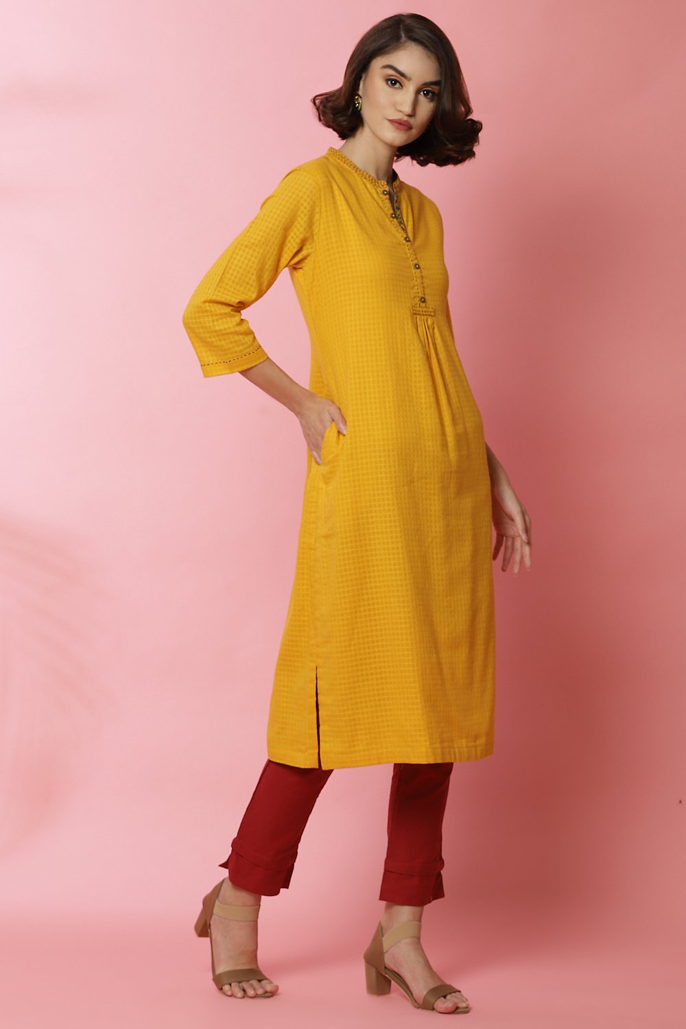 Ochre Cotton Straight Yarndyed Kurta image number 2