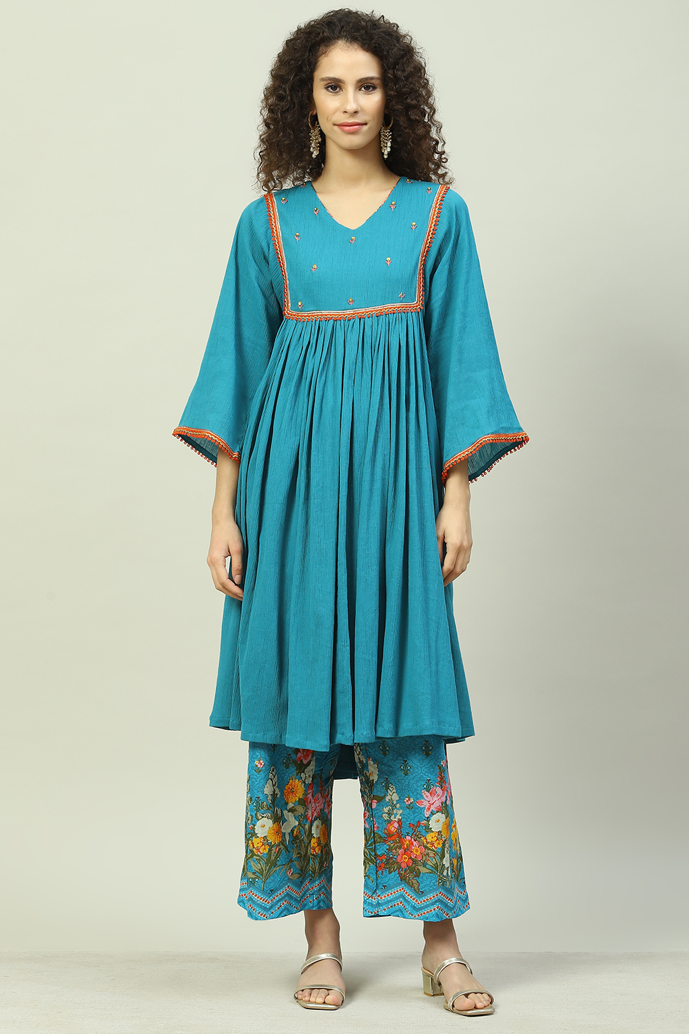 Turquoise Blue Art Silk Gathered Kurta Palazzo Suit Set image number 0