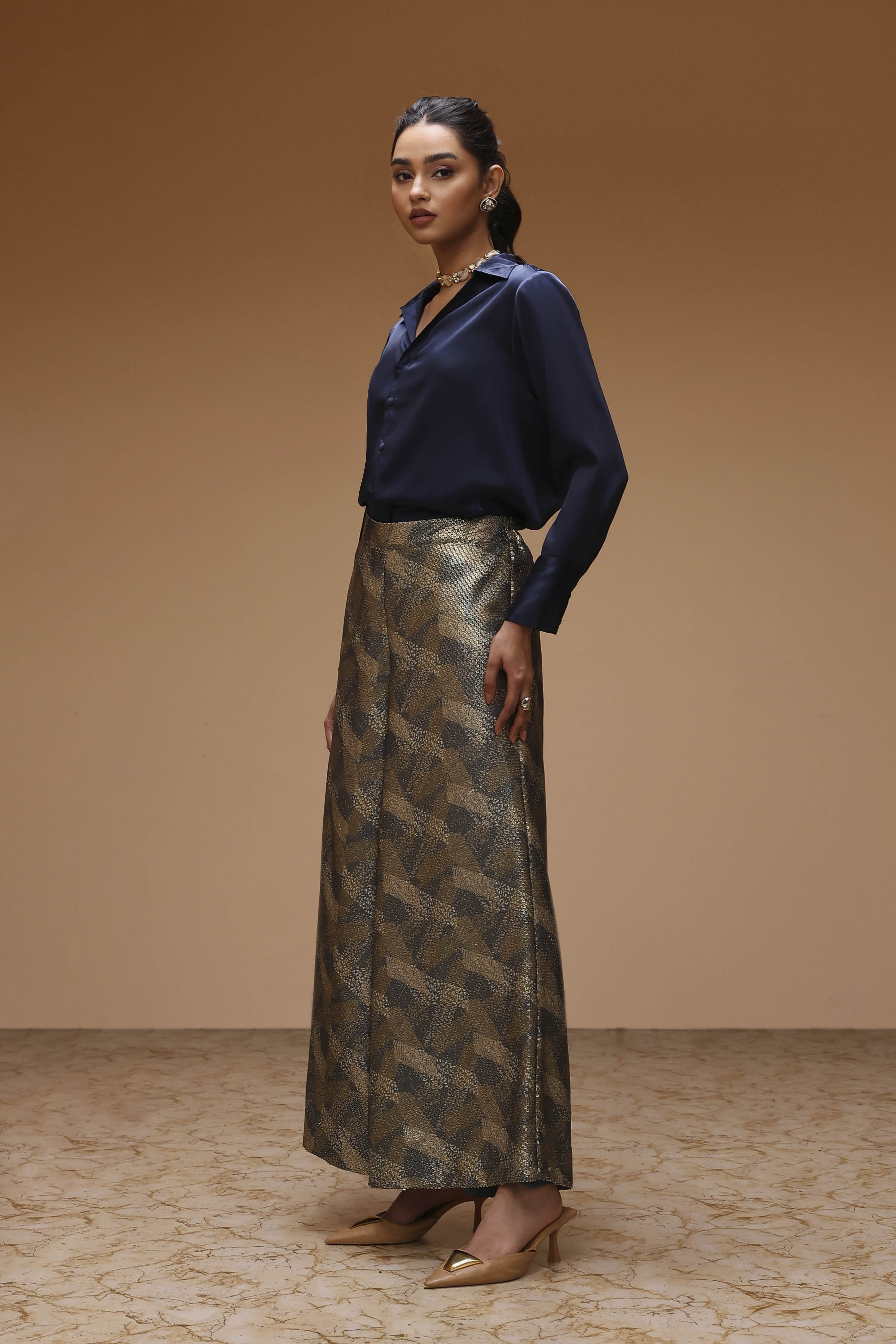 Navy Blue Art Silk Sequinned Co-ord Set image number 3