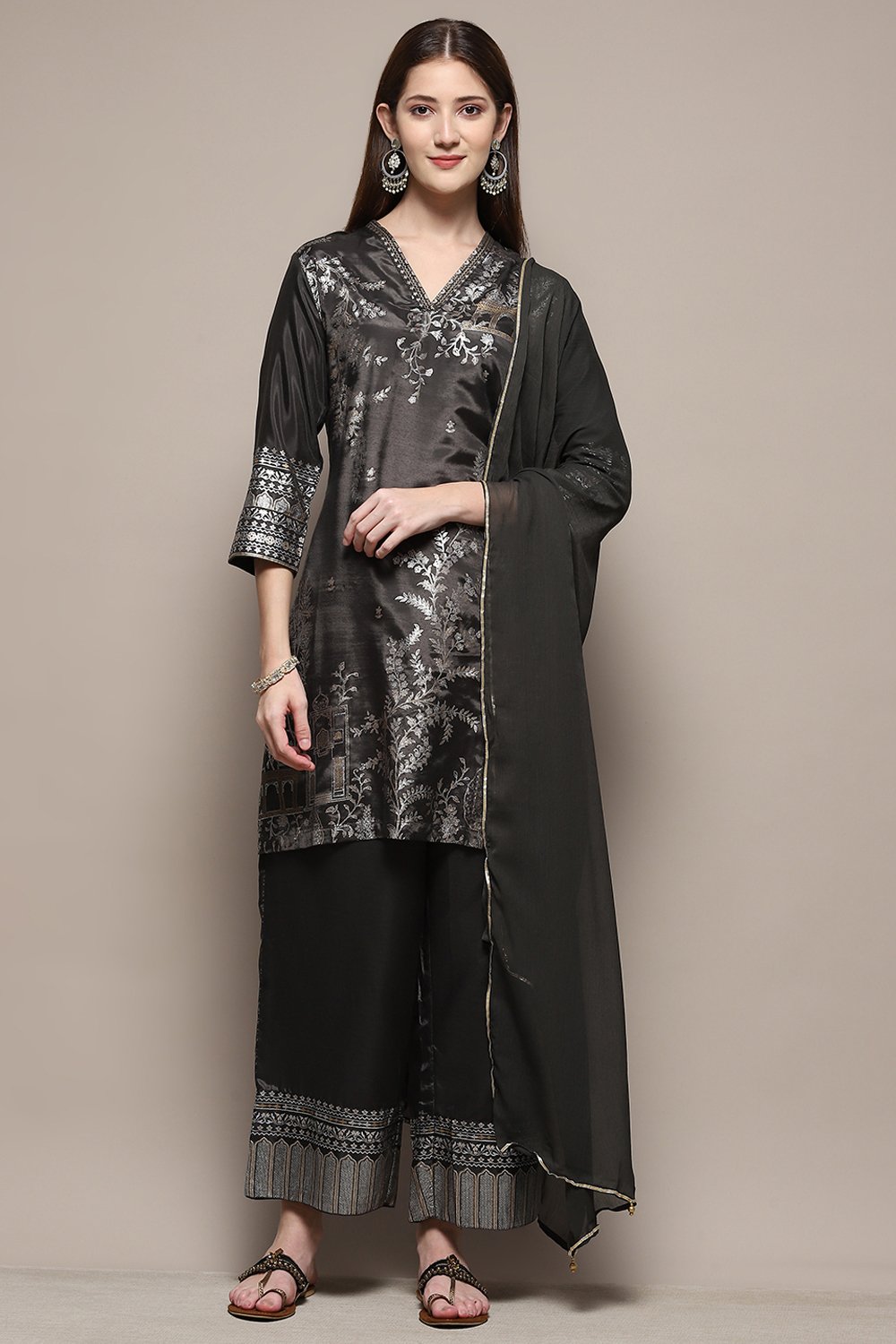 Sage Green Art Silk Straight Kurta Palazzo Suit Set image number 7