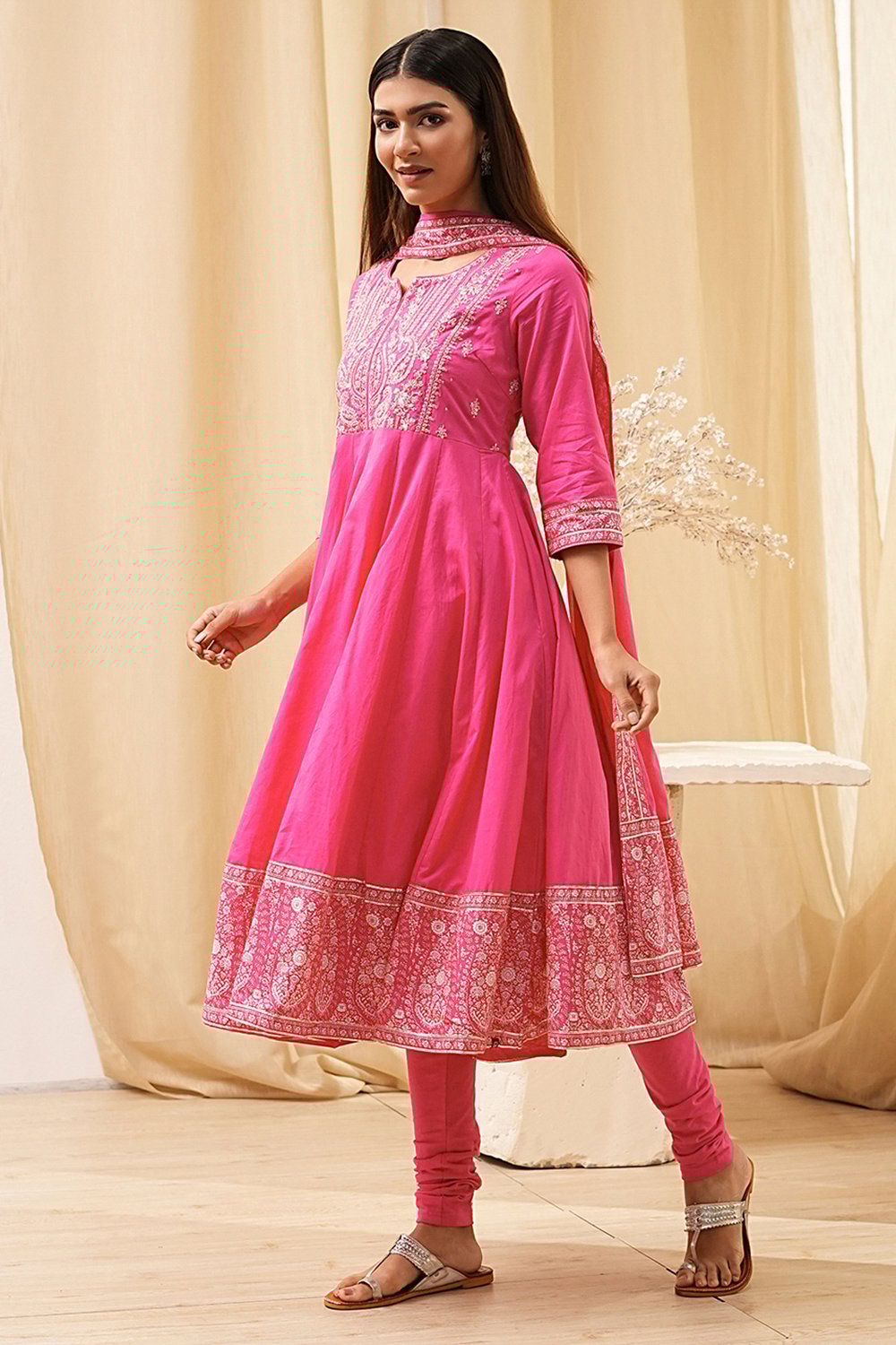 Blue Cotton Embroidered Anarkali Suit Set image number 3