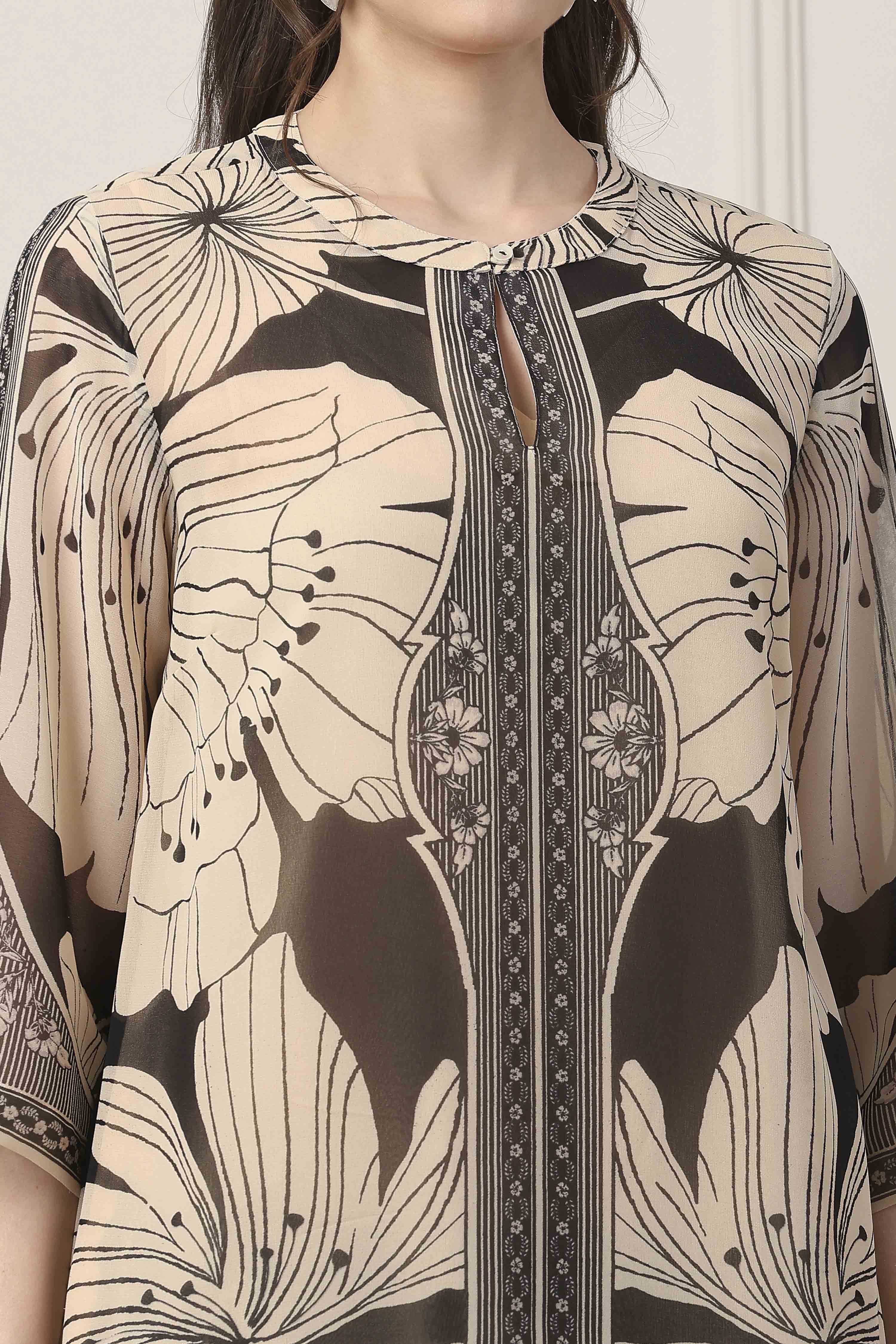 Beige & Black Poly Georgette Floral Kurta image number 1