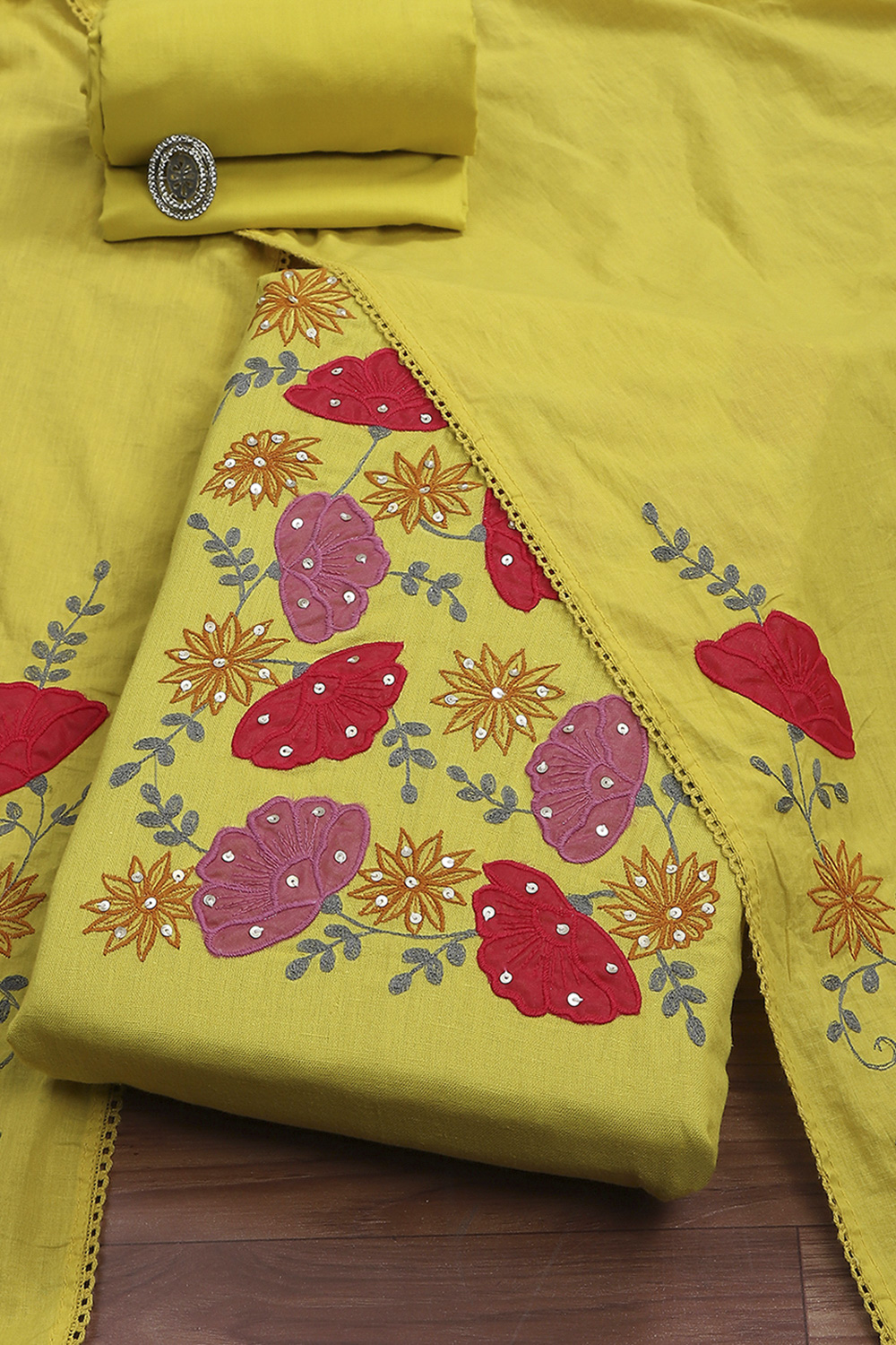 Yellow Cotton Applique Unstitched Suit Set image number 0
