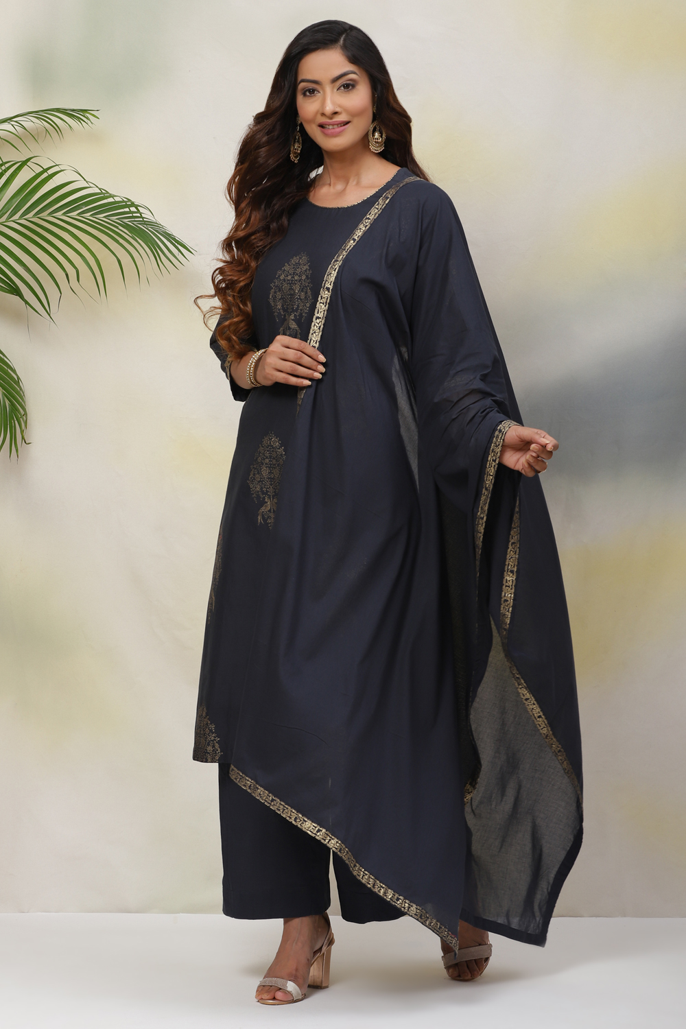 Dark Navy Cotton Straight Kurta Palazzo Suit Set image number 5