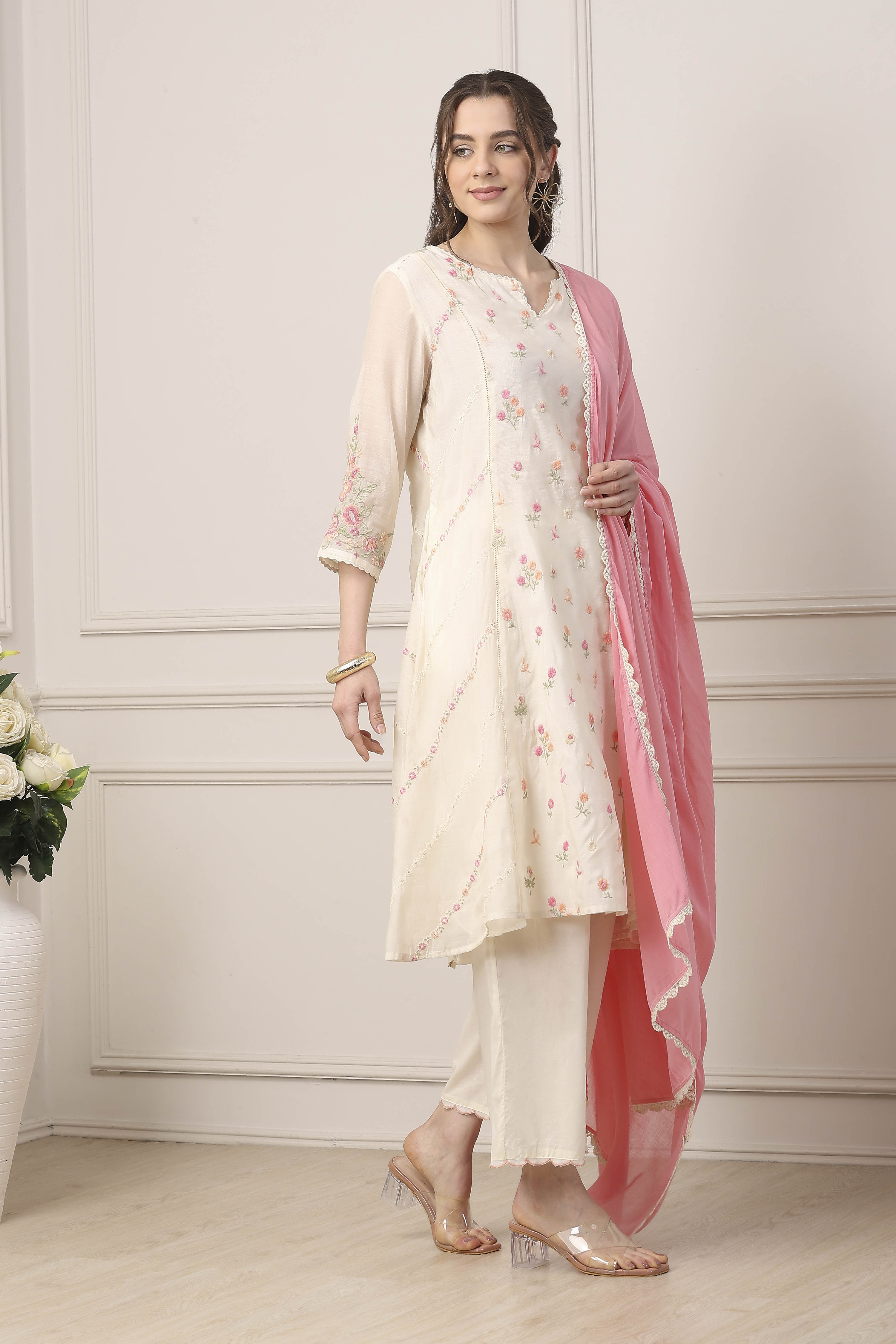 White Poly Chanderi Floral Printed Kalidar Suit Set image number 5