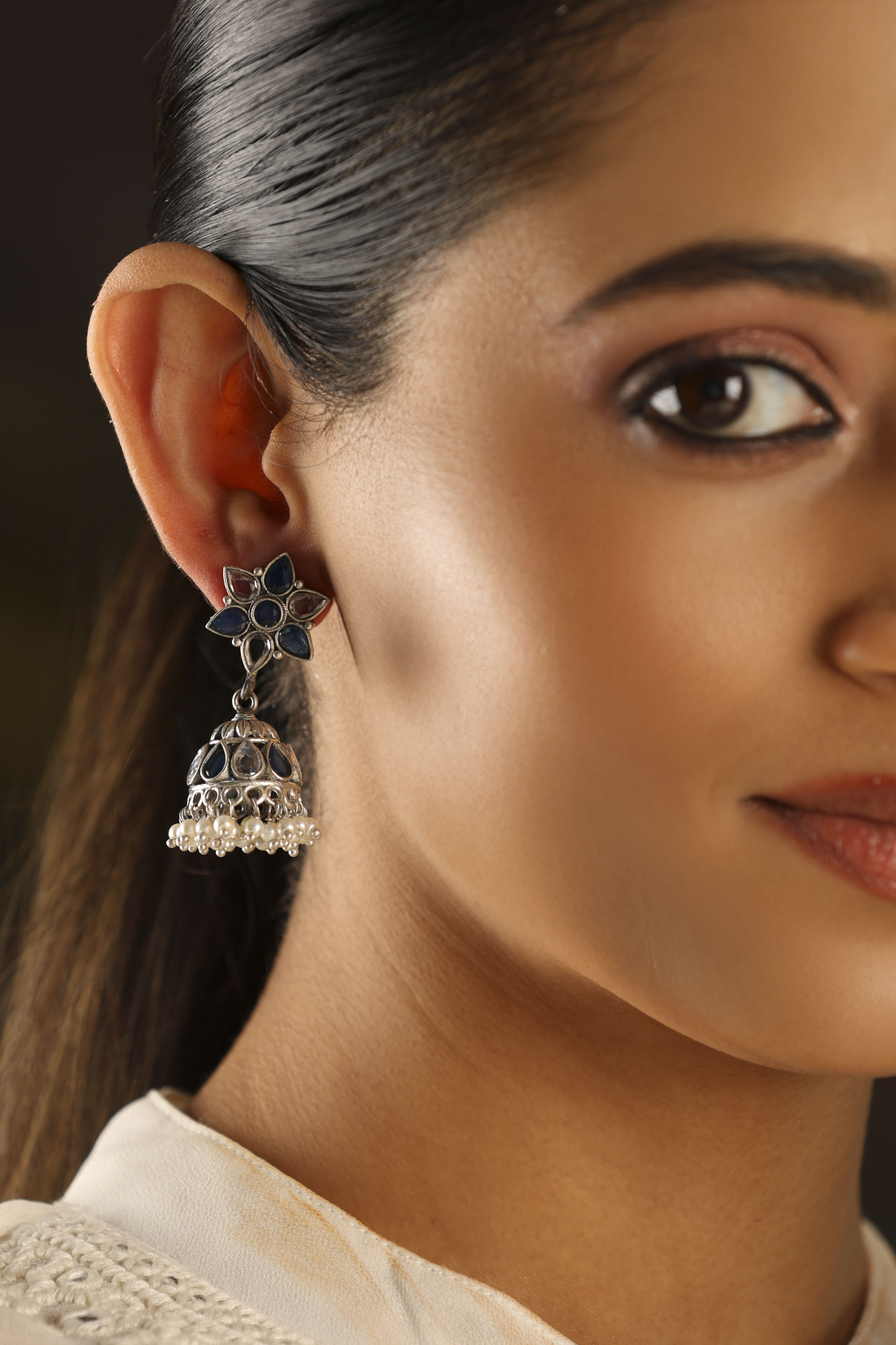 Blue Oxidized Brass Studded Jhumkas image number 1
