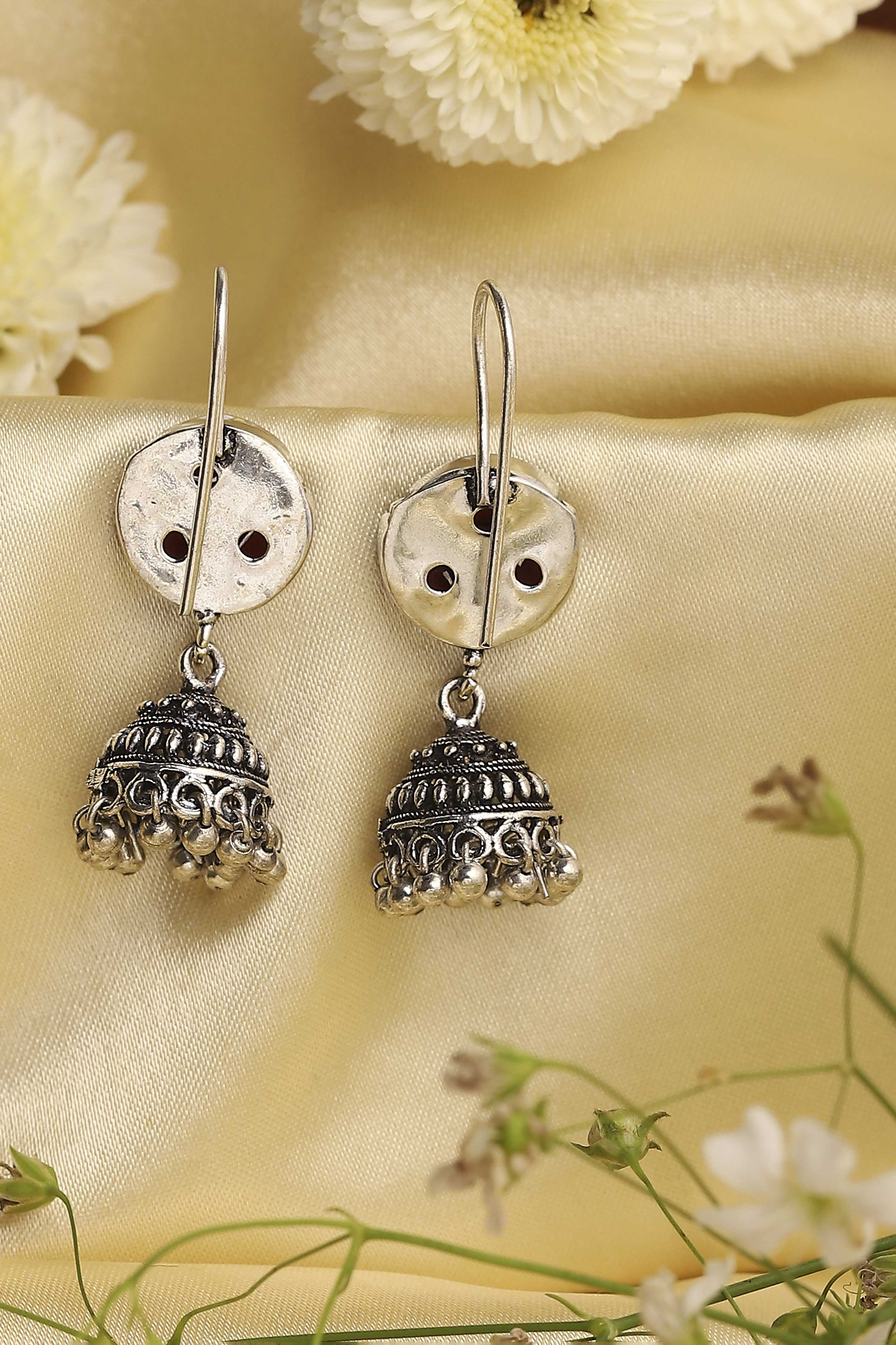 Red & Silver Toned Brass Studded Jhumkas image number 2