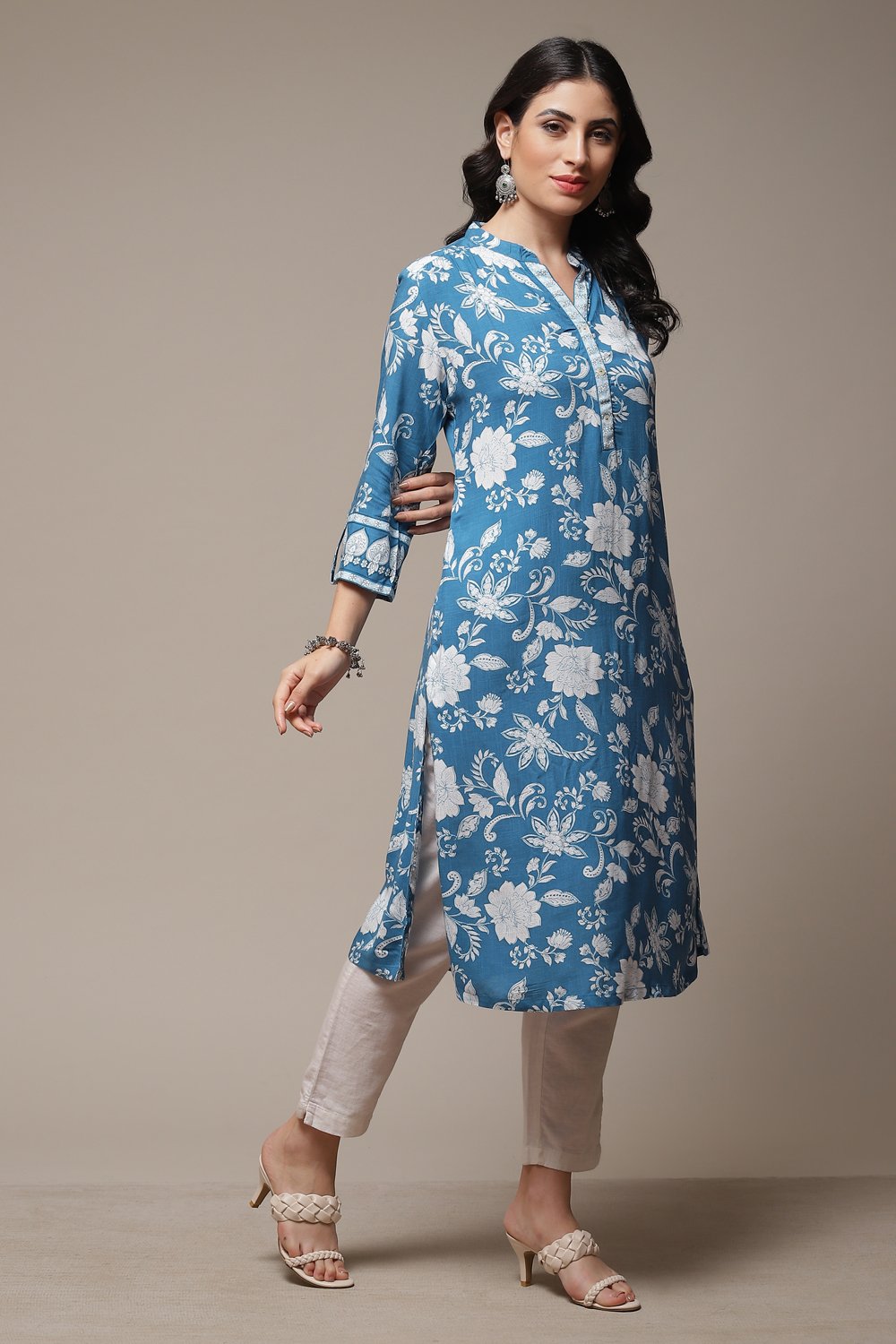 Sky Blue Rayon Straight Printed Kurta