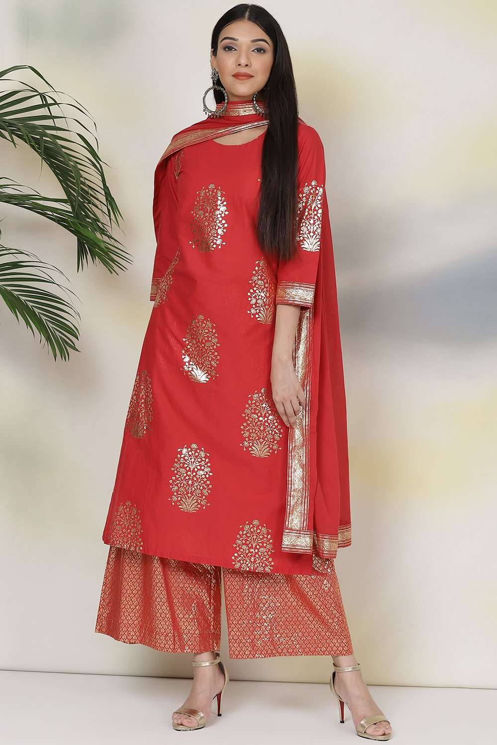 Red Straight Cotton Straight Kurta Palazzo Suit Set image number 0