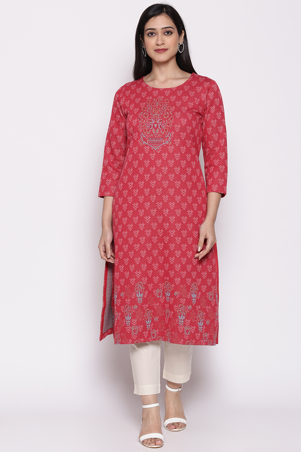 Crimson Red Poly Cotton Yarndyed Kurti image number 0