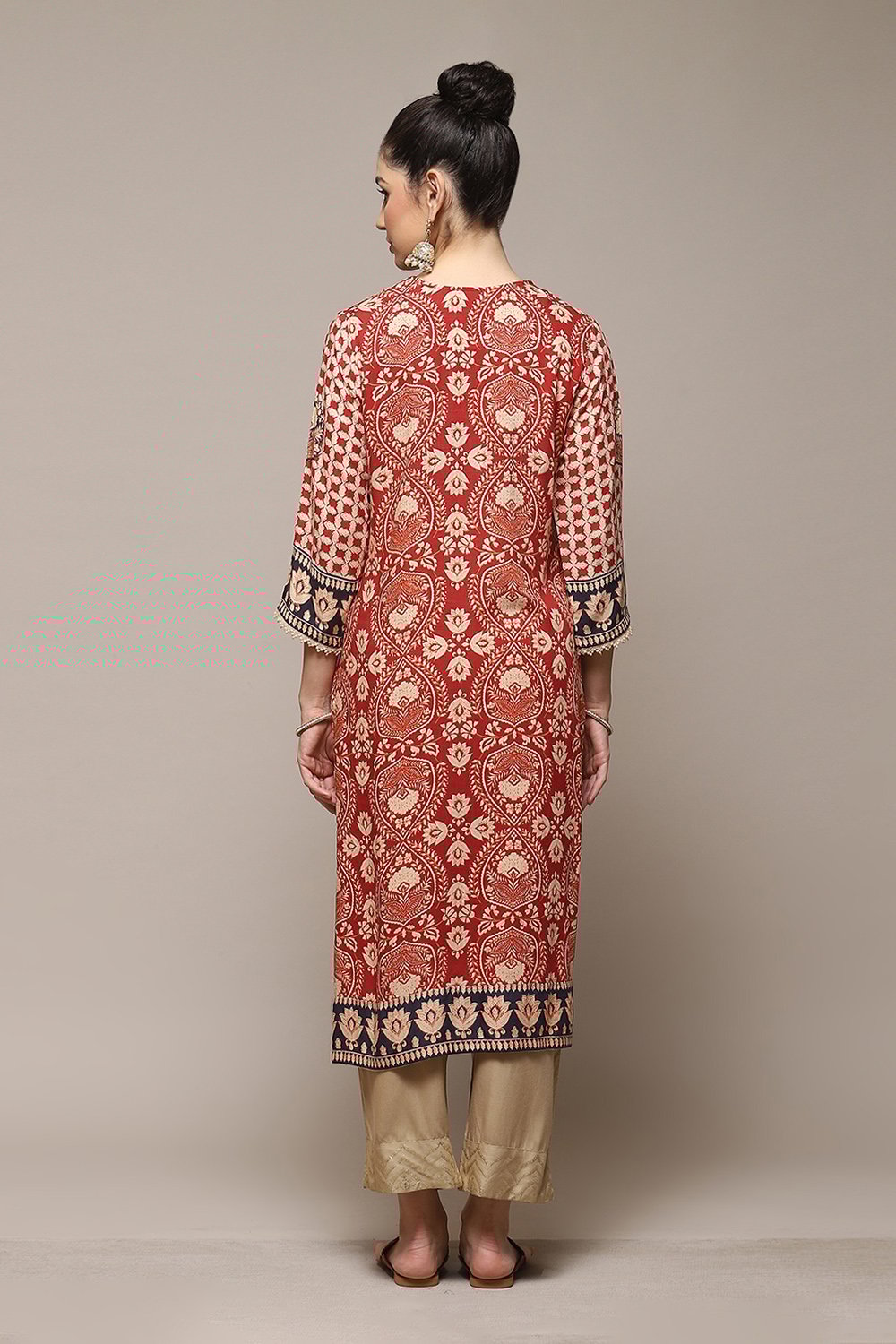 Burnt Orange LIVA Straight Printed Kurta image number 4