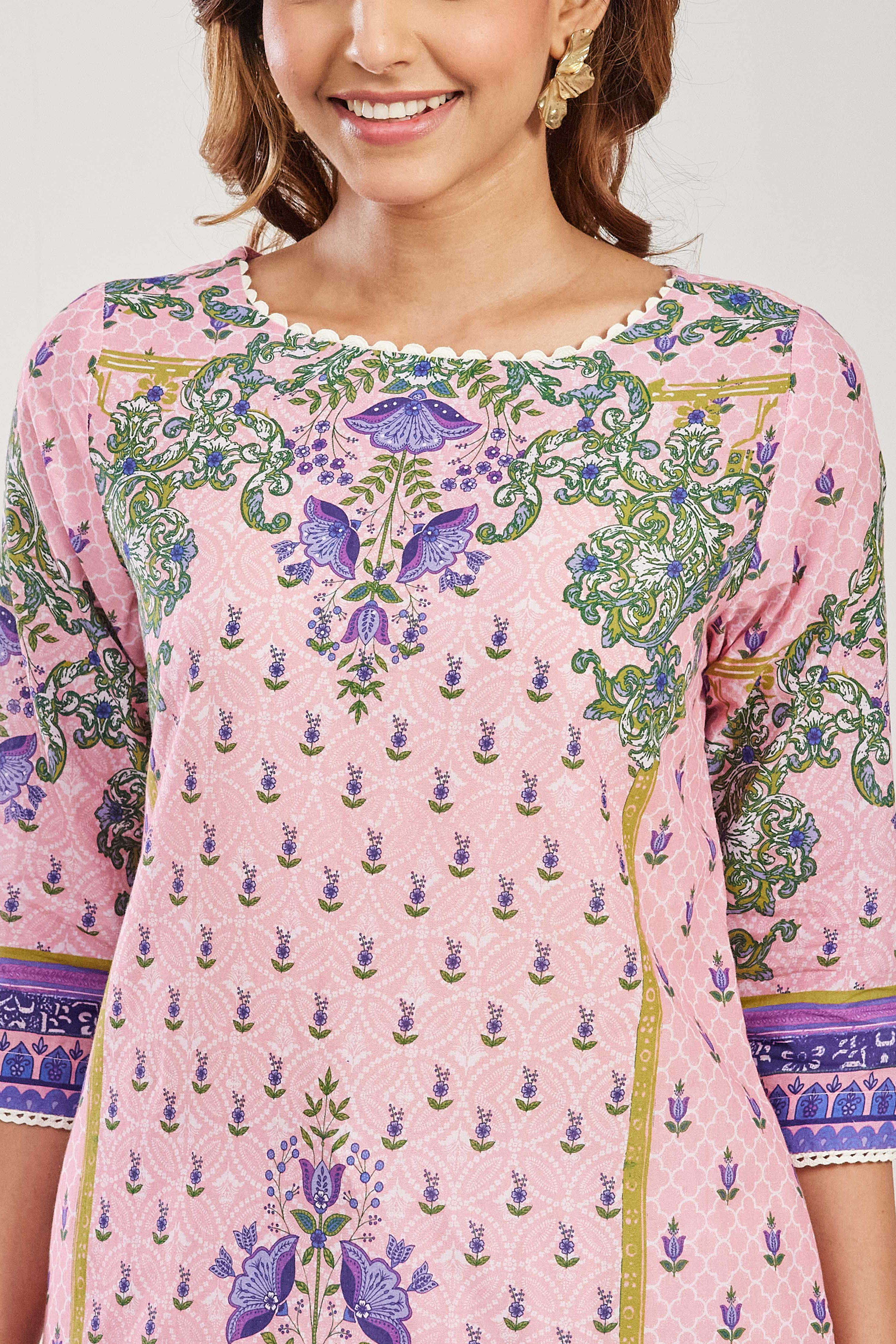 Pink Cotton Printed Straight Kurta image number 1