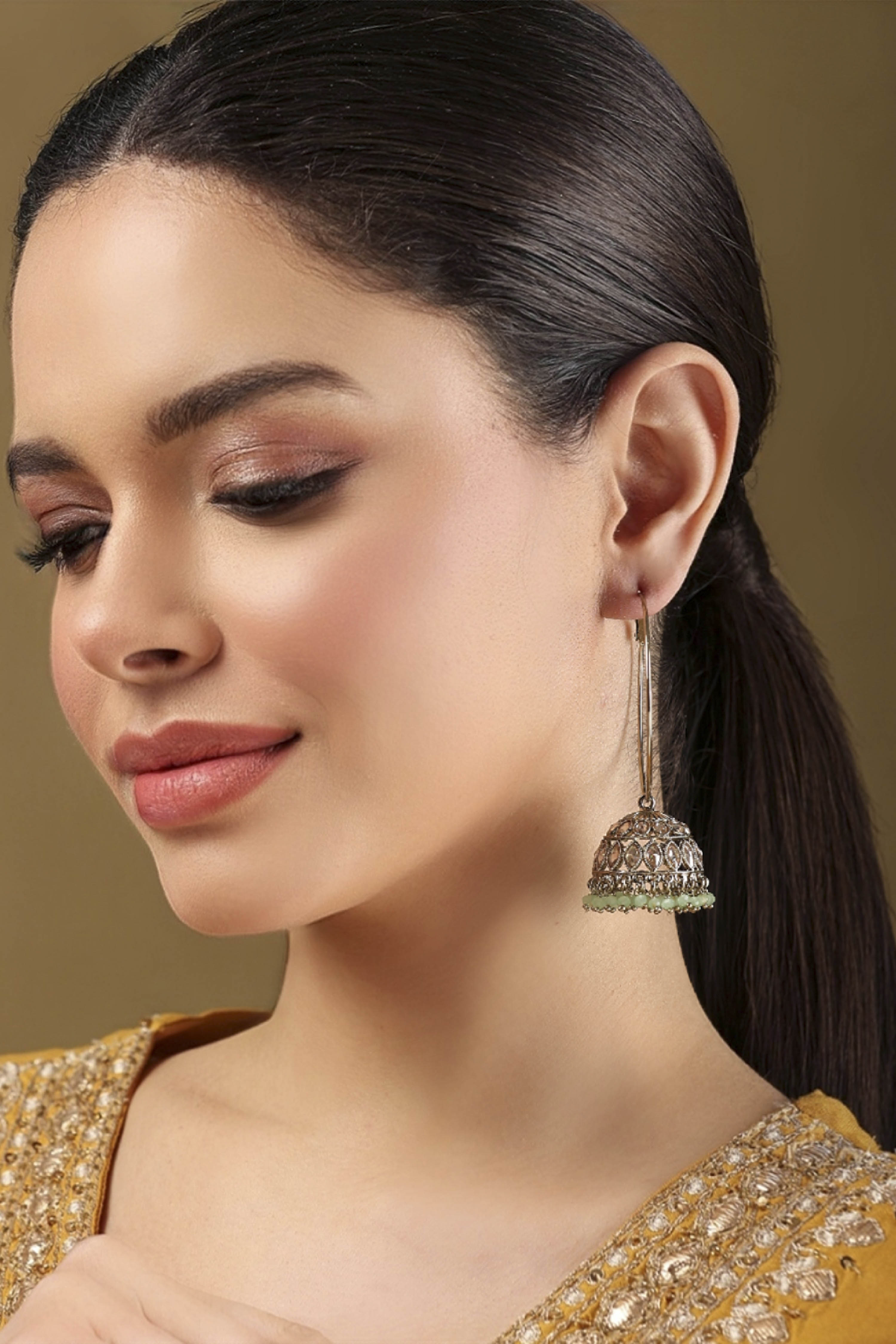Silver Toned Gold Plated Alloy Studded Hoop Jhumkas image number 3