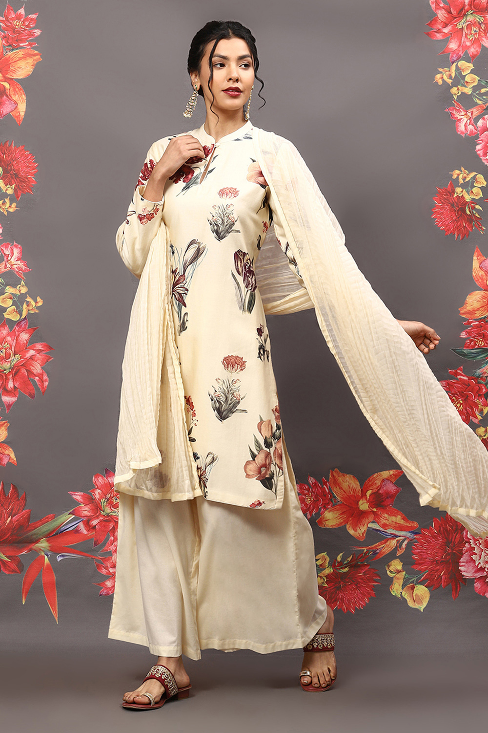 Off White Cotton Blend Straight Kurta Suit Set image number 5