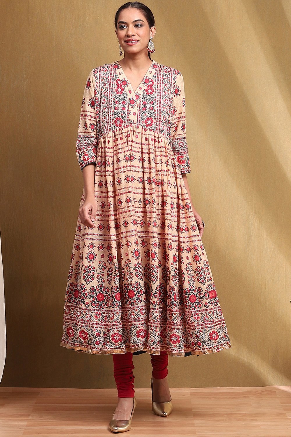 Beige and Red Cotton Anarkali Suit Set image number 6