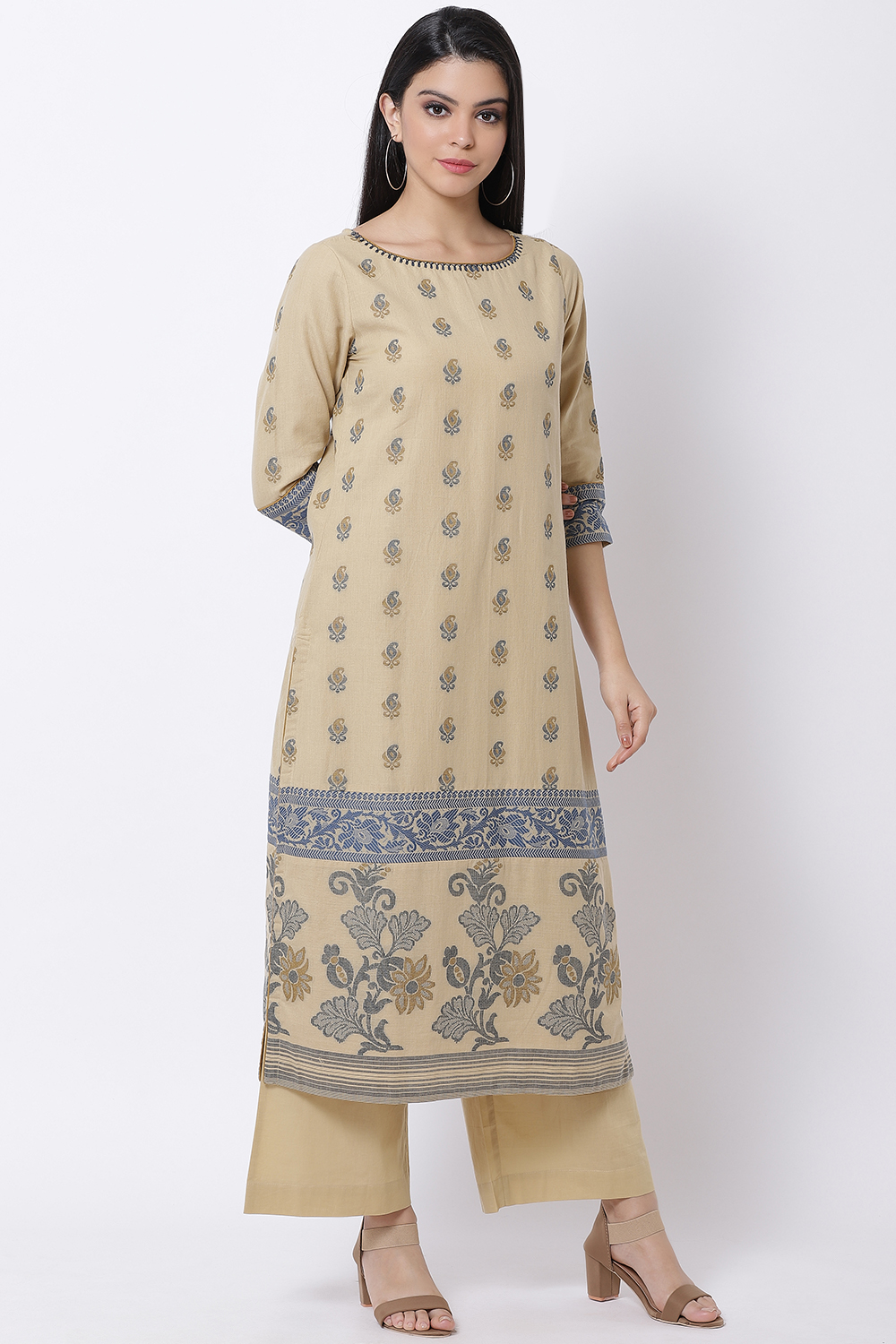 Beige Cotton Straight Kurta Palazzo Suit Set image number 3