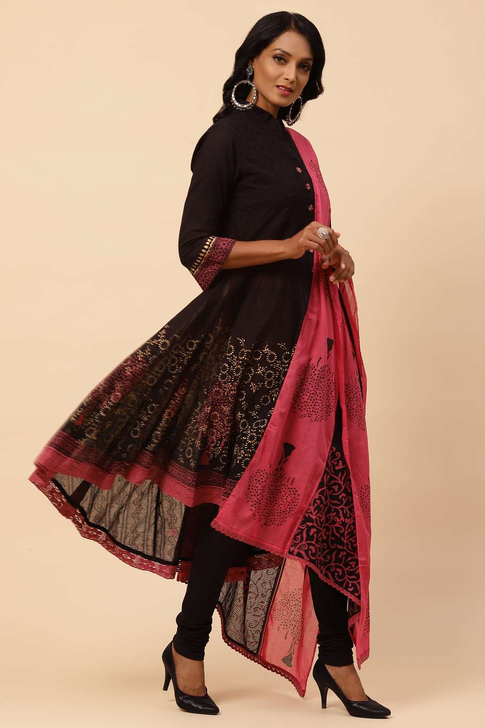 Black Cotton Asymmetric Kurta Churidar Suit Set image number 6