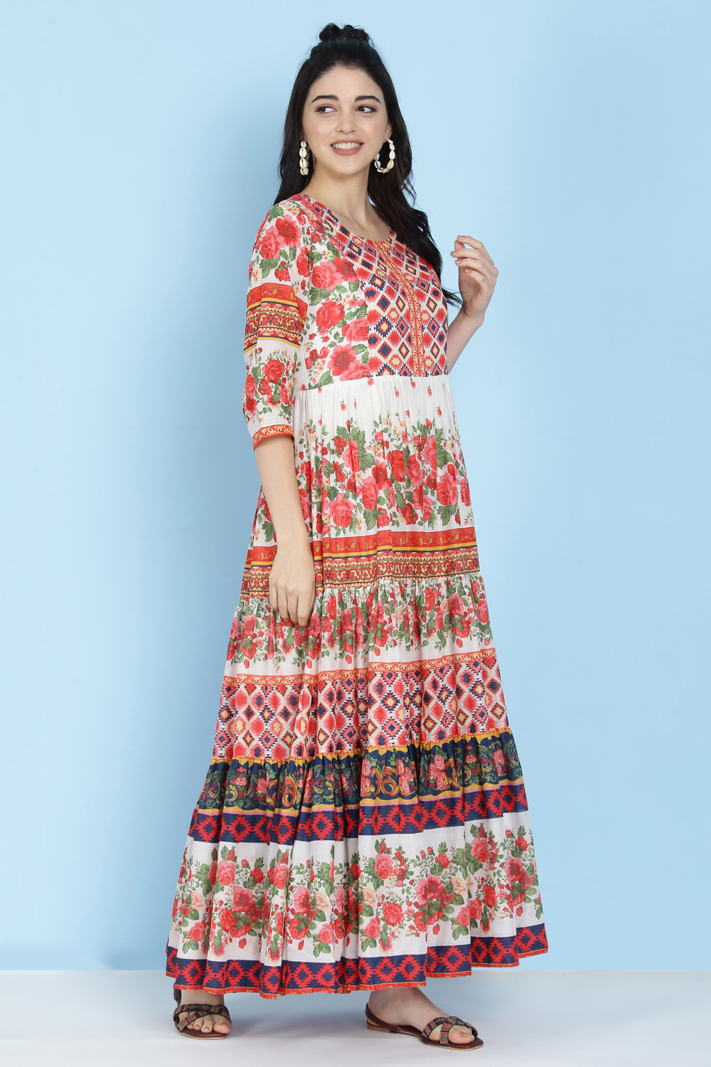Off White Cotton Tiered Dress image number 3