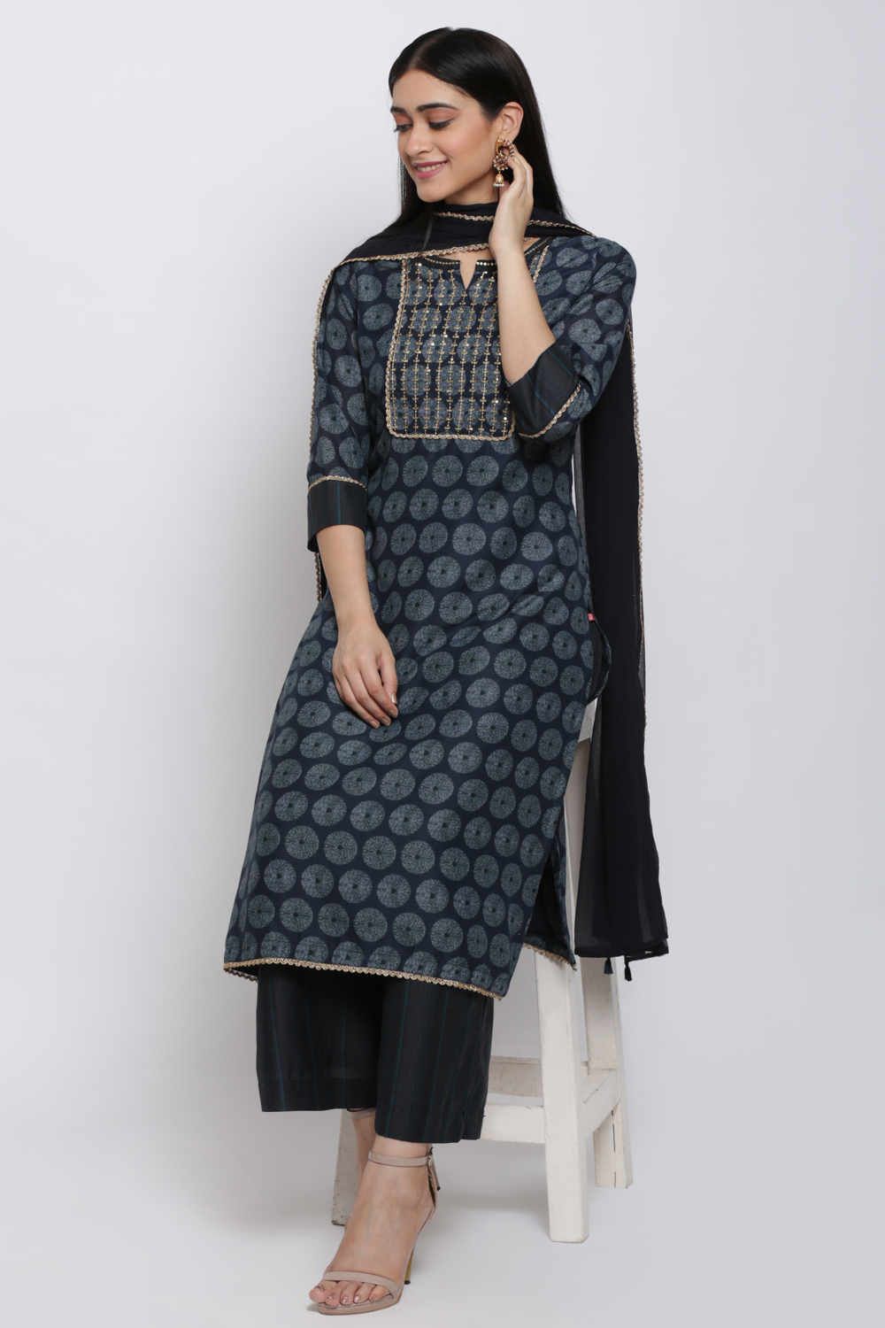 Navy Blue Art Silk Straight Kurta Palazzo Suit Set image number 0