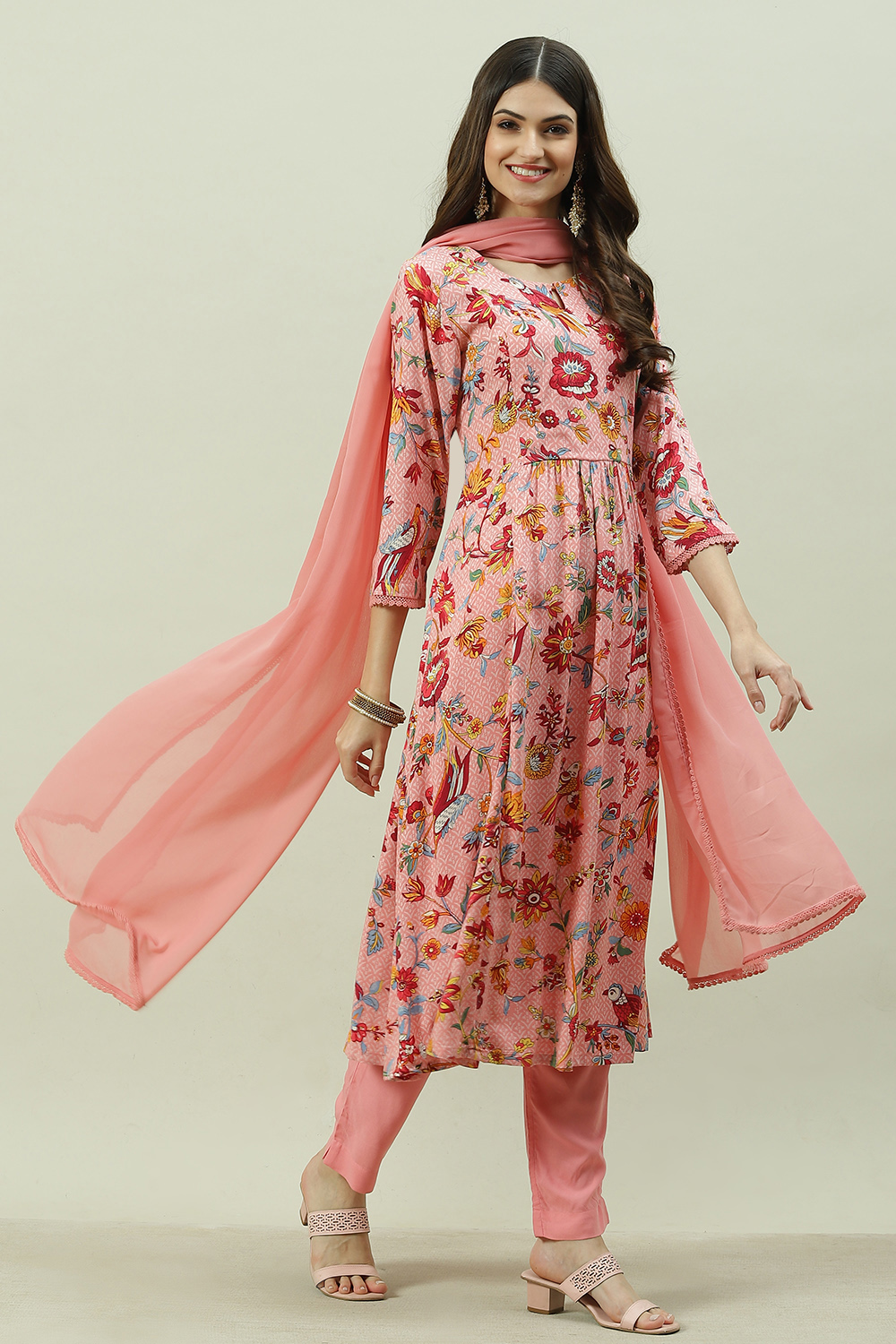 Pink Rayon A-Line Kurta Slim Pant Suit Set image number 0