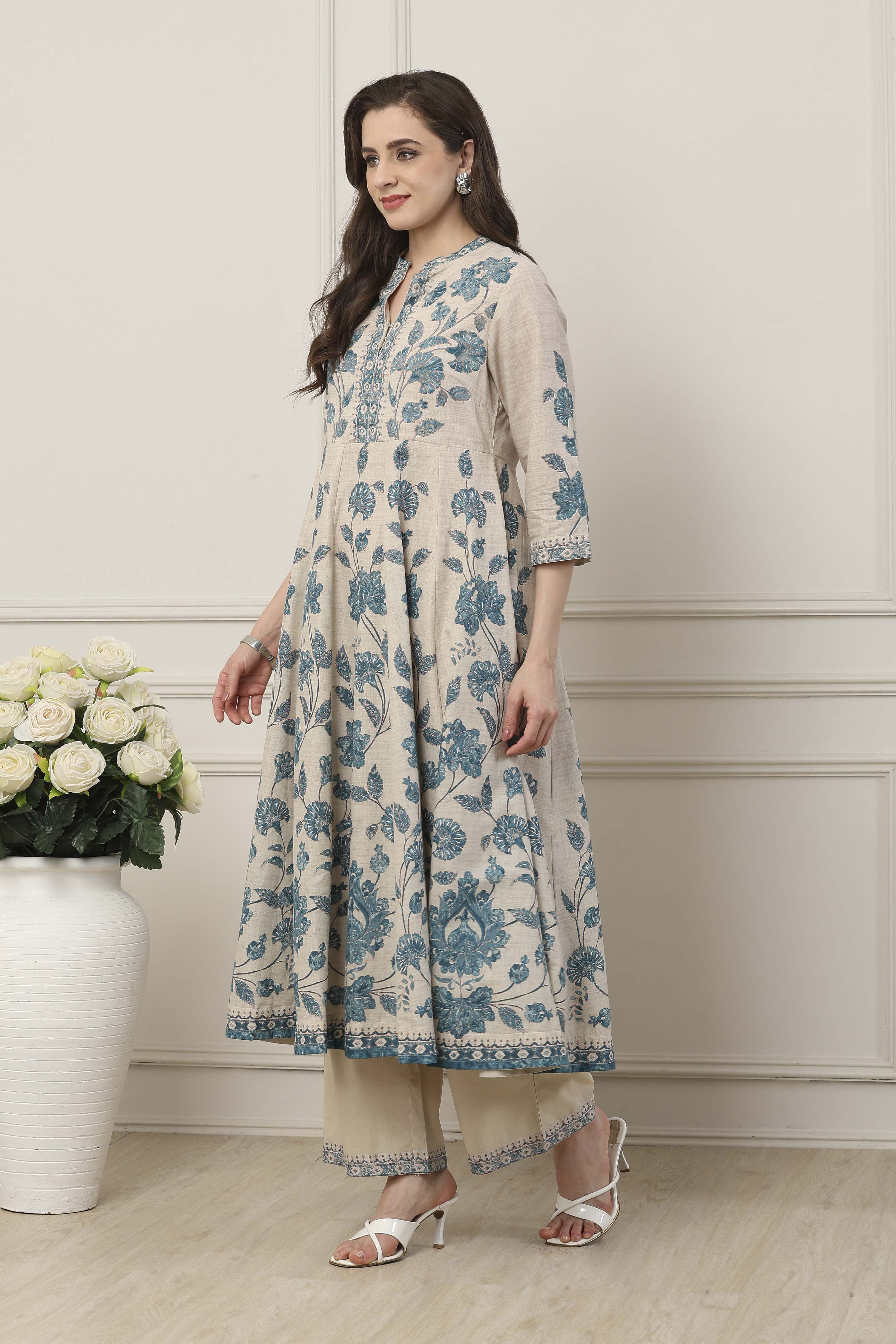Blue Cotton Anarkali Suit Set image number 3
